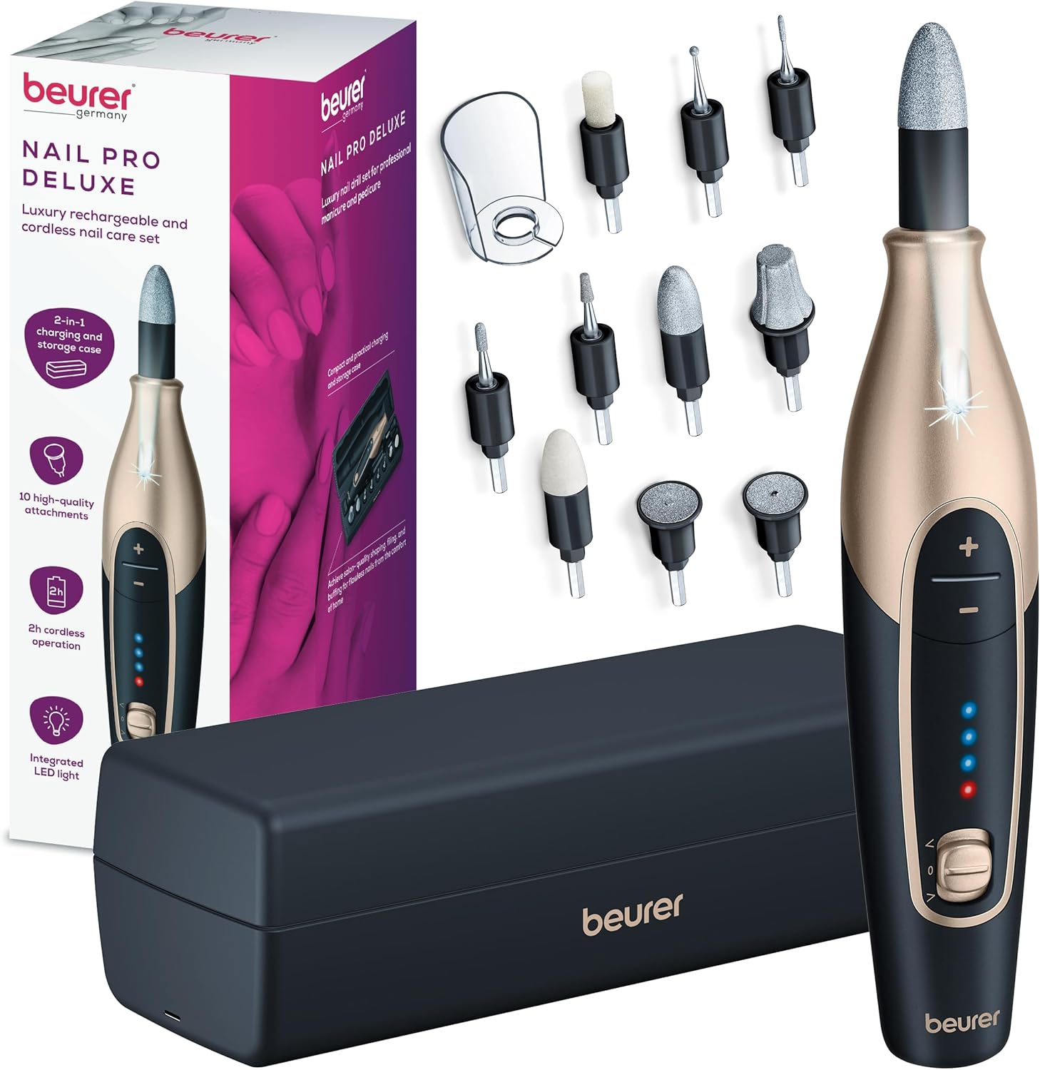 Beurer MP 84 Special Edition Manicure Pedicure Set Electric Nail File with Battery 10 Tips LED Light with Storage Case up to 4400 RPM Nail Cutter for Hand and Foot Care Black