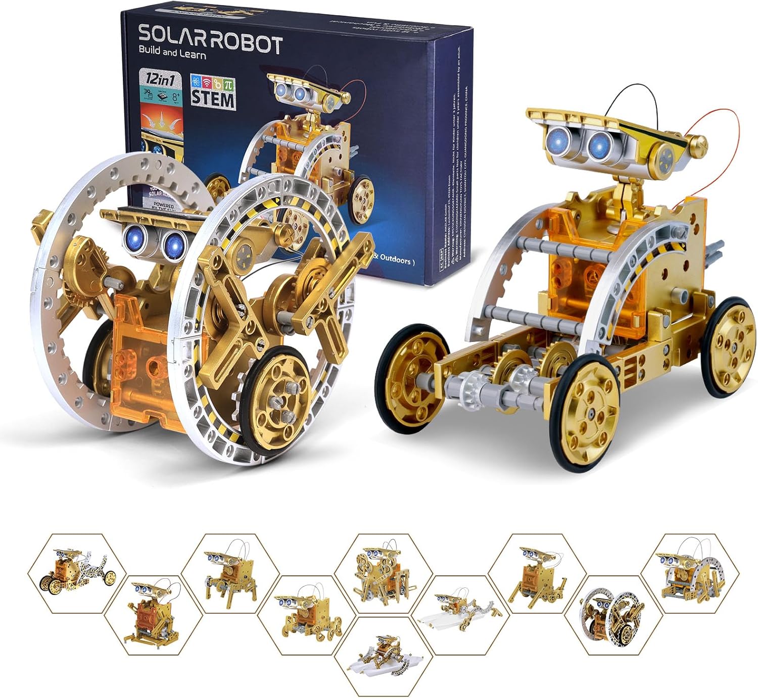 OMWay STEM 12-in-1 Solar Robot Toys, Science Kits for Kids Age 8-12, DIY Building Experiment Engineering Robotics Kits, Birthday Easter Gifts Toy for 9 10 11 13 14 Year Old Boys Teens, Gold