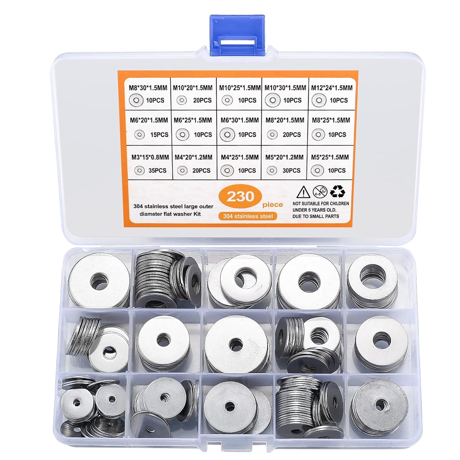 230 Pcs Large Flat Washer Set, Stainless Steel Washers, Lock Washers Assortment Kit, Metal Disc Nuts, 15 Sizes M3/M4/M5/M6/M8/M10/M12. (230 silver)
