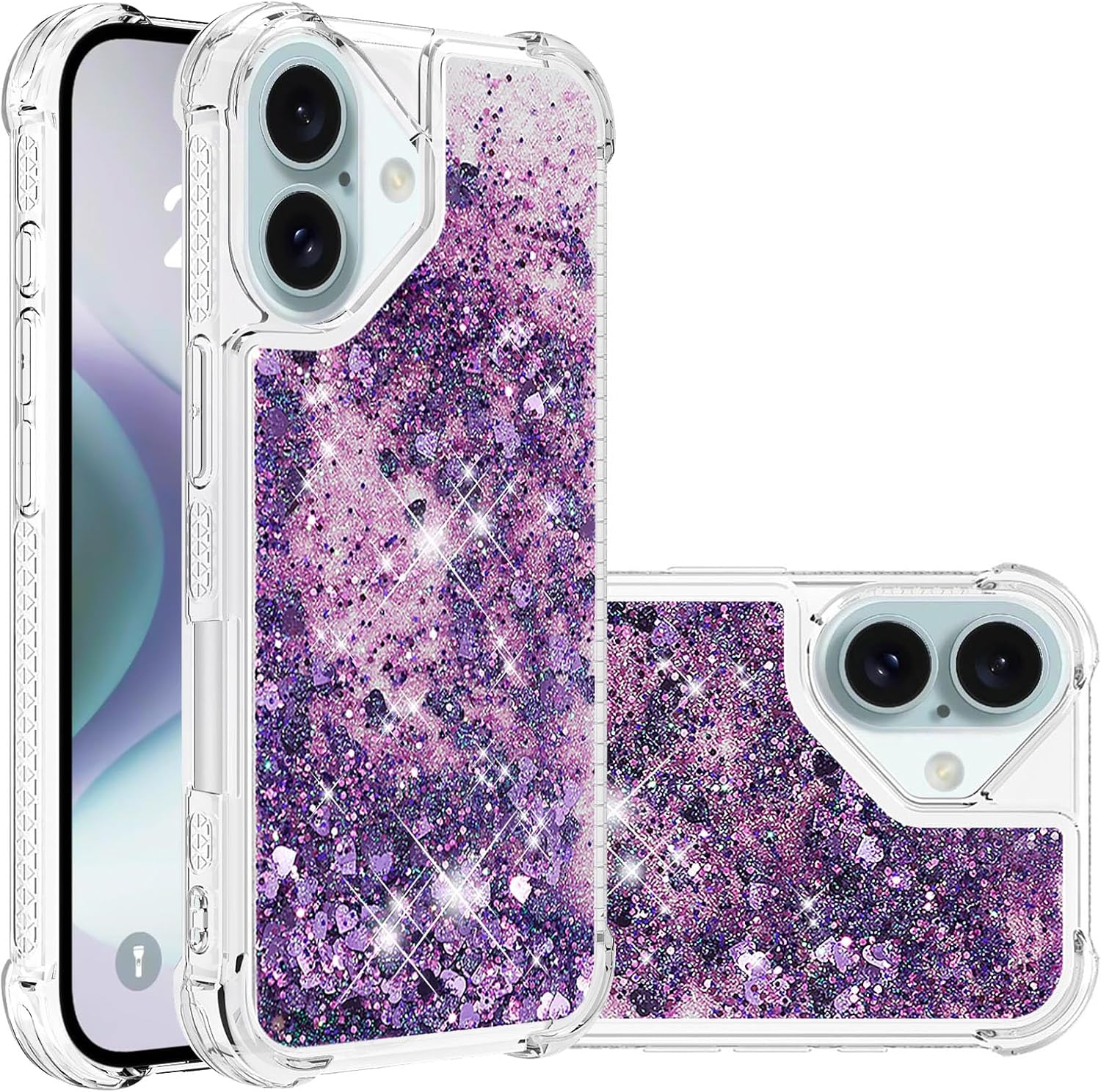 IMEIKONST Glitter Case for iPhone 16, Liquid Sparkle Quicksand Clear Transparent Sequin for Women Slim TPU Bumper Silicone Shockproof Cover for iPhone 16. Love Purple YBW