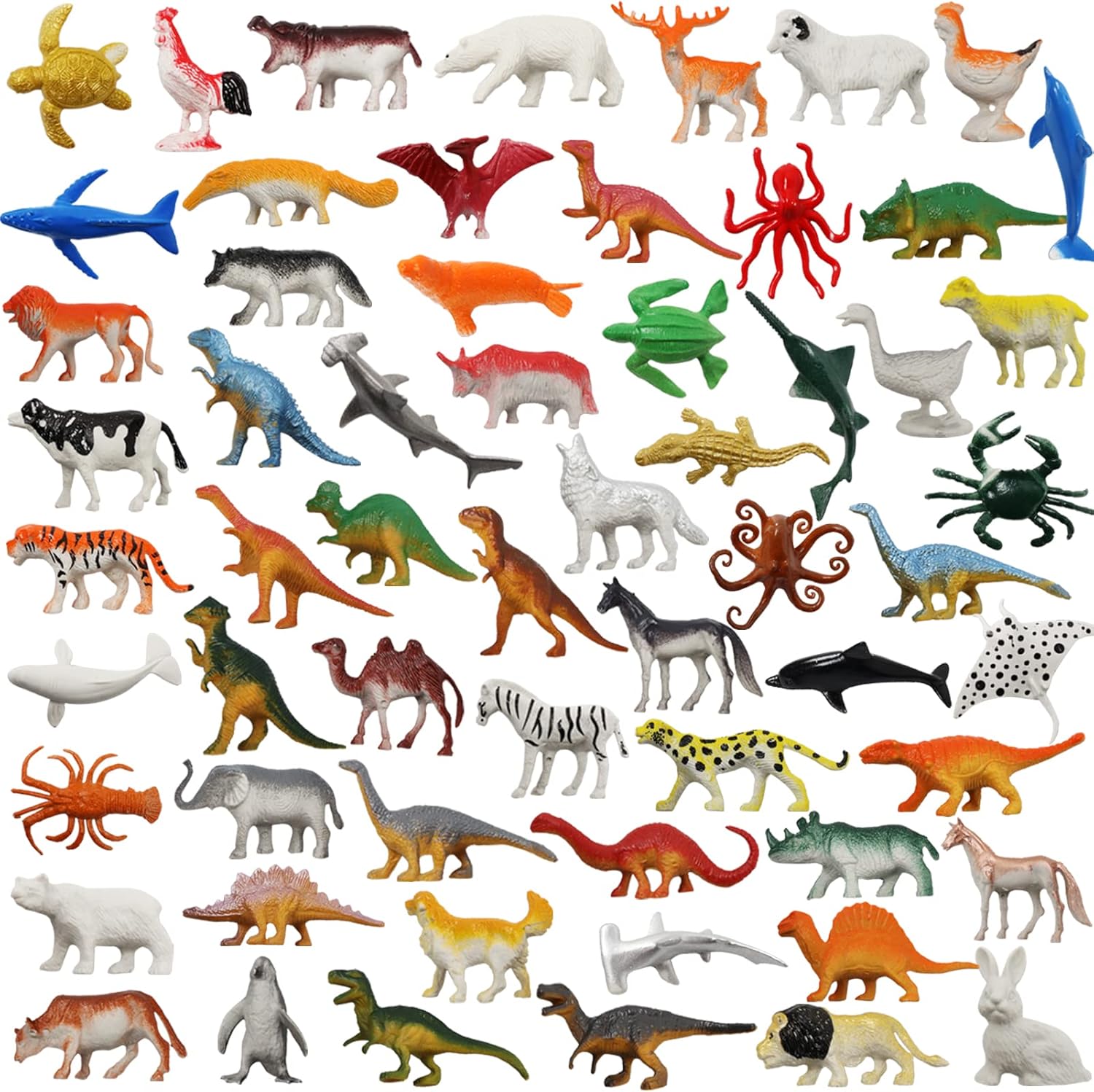 60 Pcs Assorted Dinosaur, Ocean, Sea, Farm, Jungle, Wild Animals & Dinosaurs Figure Realistic Plastic Zoo Play Set - Small Toys for Kids, Cupcake Topper, Party Favors