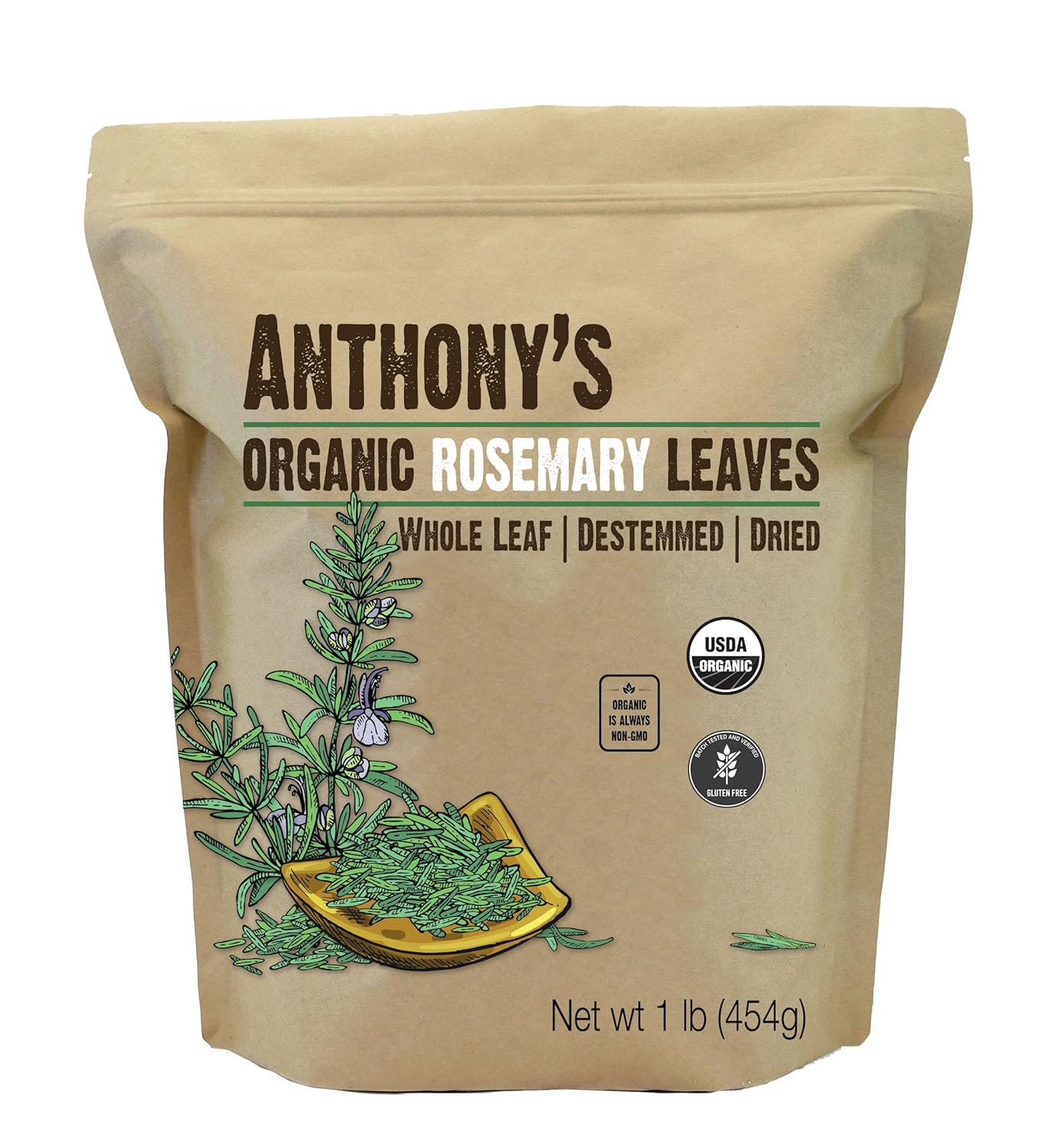 Anthony's Organic Dried Rosemary Leaves, 1 lb, Whole Leaf, Destemmed, Non GMO, Non Irradiated, Gluten Free