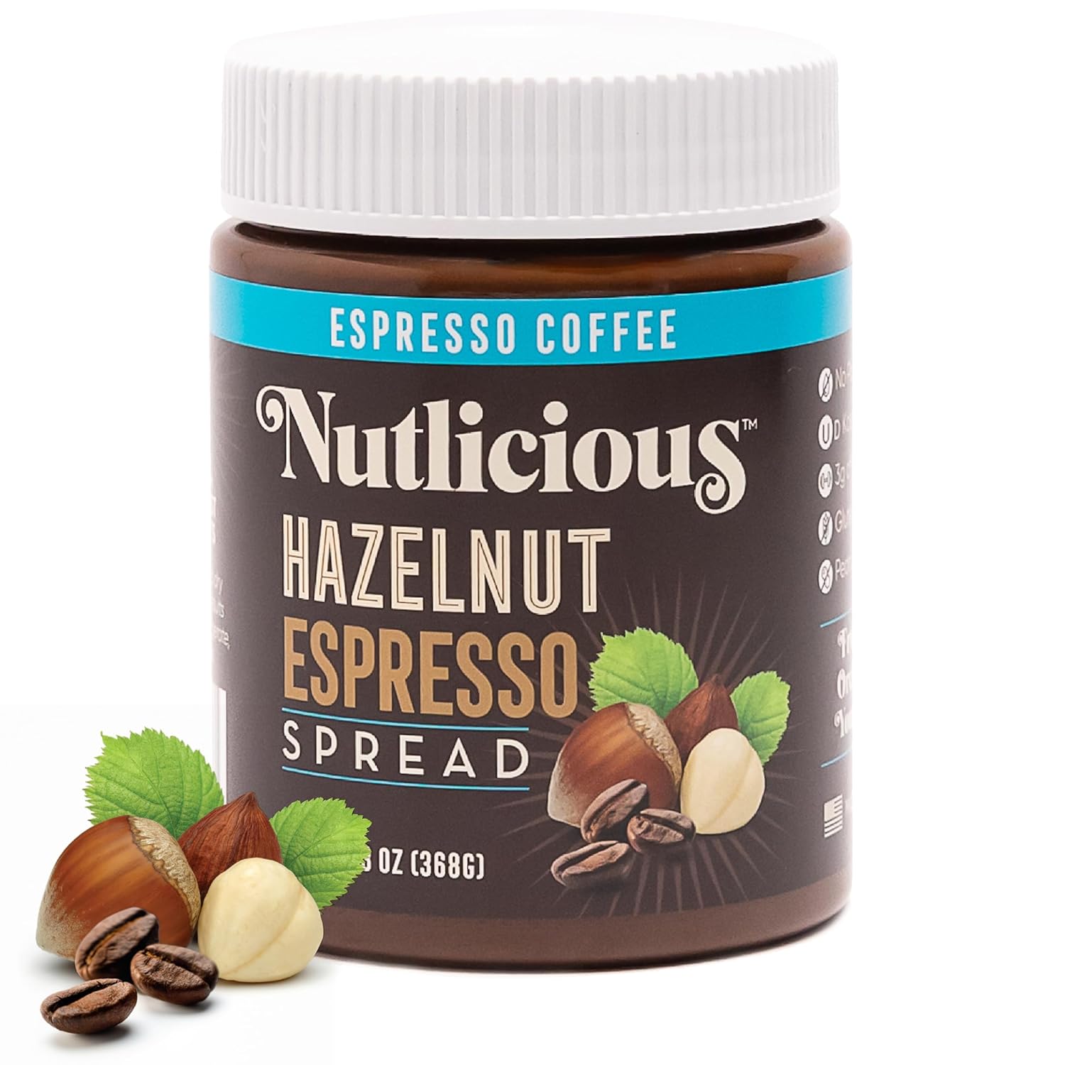 NUTLICIOUS Hazelnut Espresso Spread (13 oz), Spreadable Espresso with A Hint of Roasted Hazelnuts, Made in the USA, No Palm Oil, 3 gm of Protein