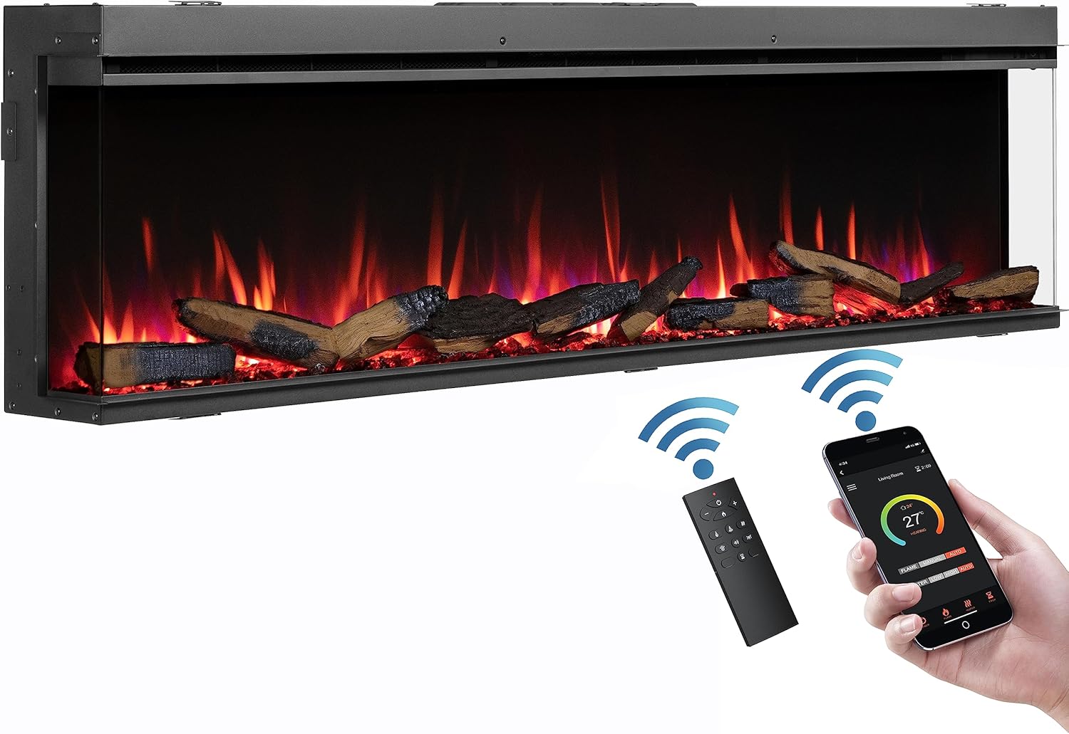 FLAMME Knighton 180cm/71" 3-Sided Electric Media Wall Fire, Recessed TV Media Wall, Multiple Flame Colours, Sound Effects and APP Control
