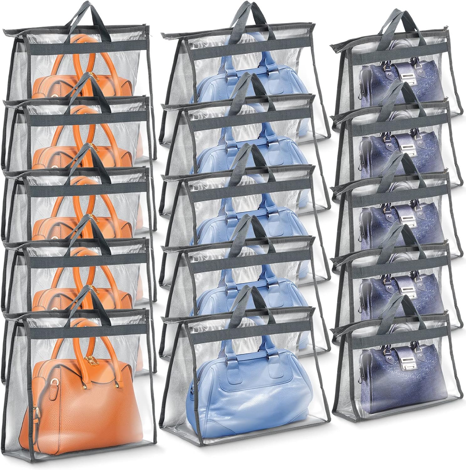Shappy 15 Pieces Purse Dust Bags for Storage Dust Bags for Handbags, 3 Sizes Storage Clear Cover Organizer Purses with Zipper and Handles for Handbags Closet, 5 Each Size(Gray)