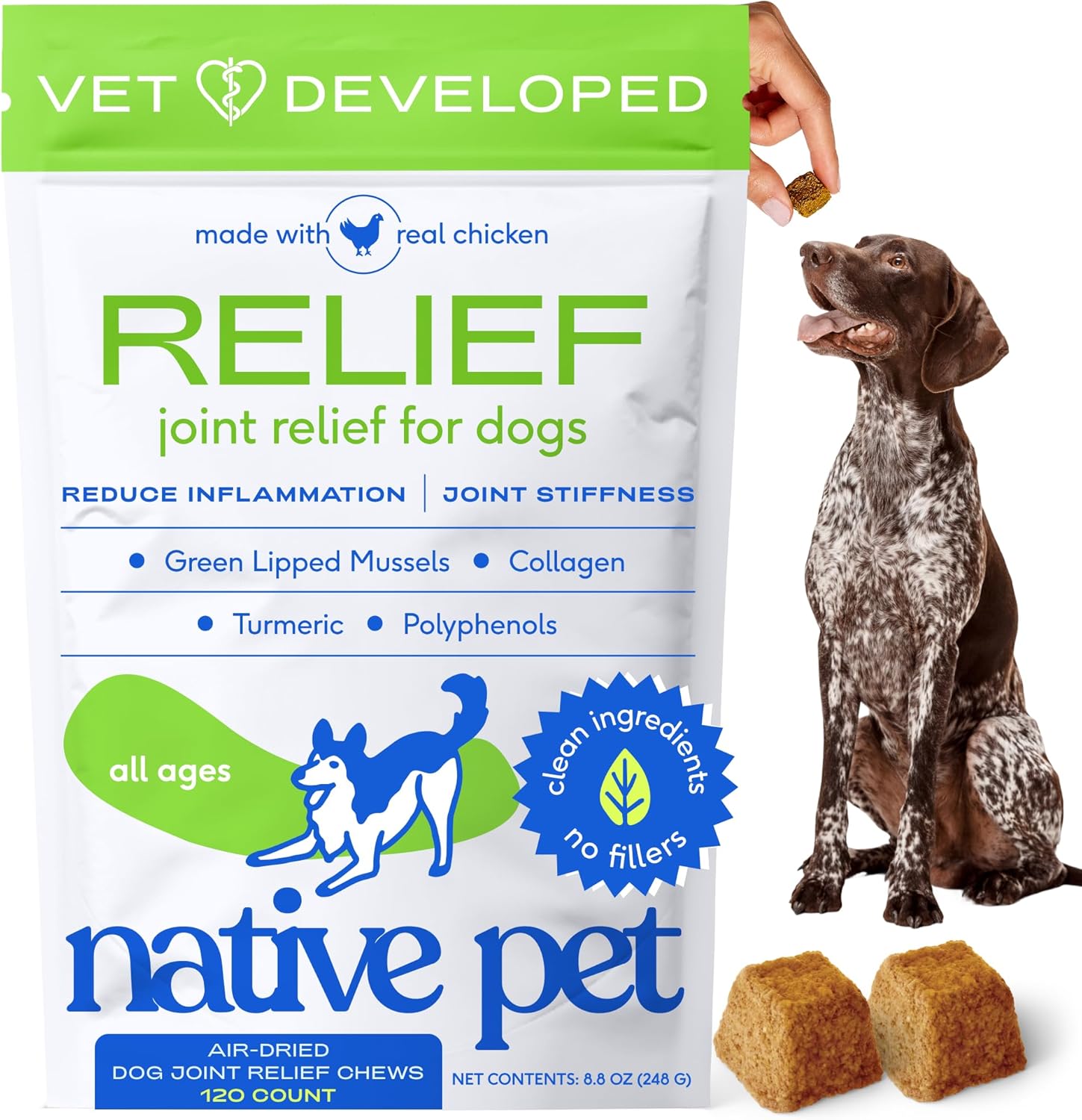 Native Pet Pain Relief for Dogs - Collagen for Dogs Promotes Joint Health, Reduce Inflammation & Stiffness - Senior Pup Joint Supplement - Natural Pain Reliever for Active & Aging Pets - 120 Chews