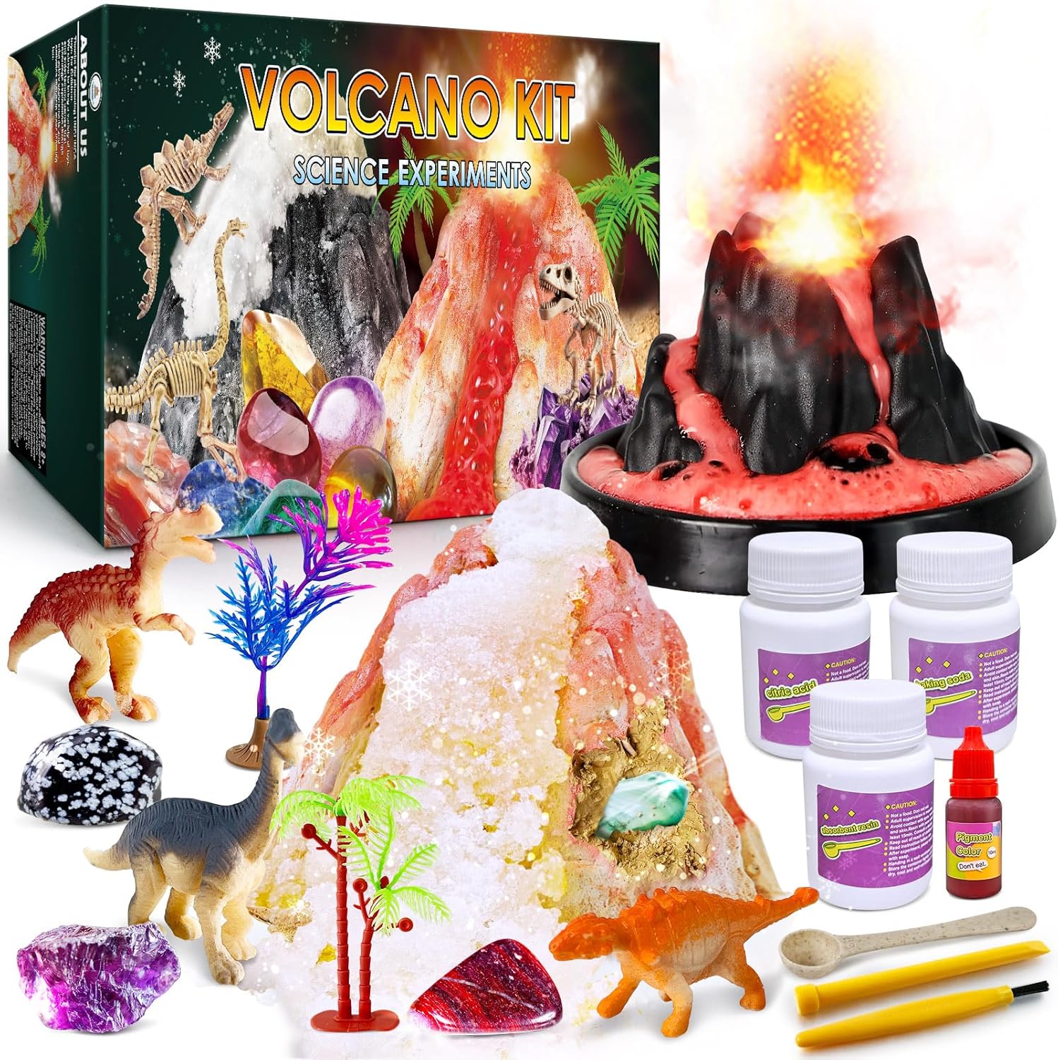 UNGLINGA Erupting Volcano Science Kit for Kids, Gemstone Donosaur Dig Volcano, Snow Eruption Volcano, Chemistry Experiment Lab STEM Scientific Toys Gift for Boys & Girls