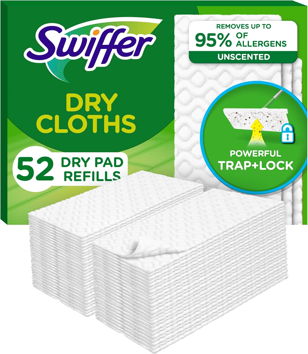 Swiffer Sweep + Mop, Dry Pads Refill, Floor Cleaner for Dirt, Dust, Hair, Cleaning Cloths for Mopping Home, Bathroom, Kitchen, Dust Mop, Floor Duster, Unscented, 52ct