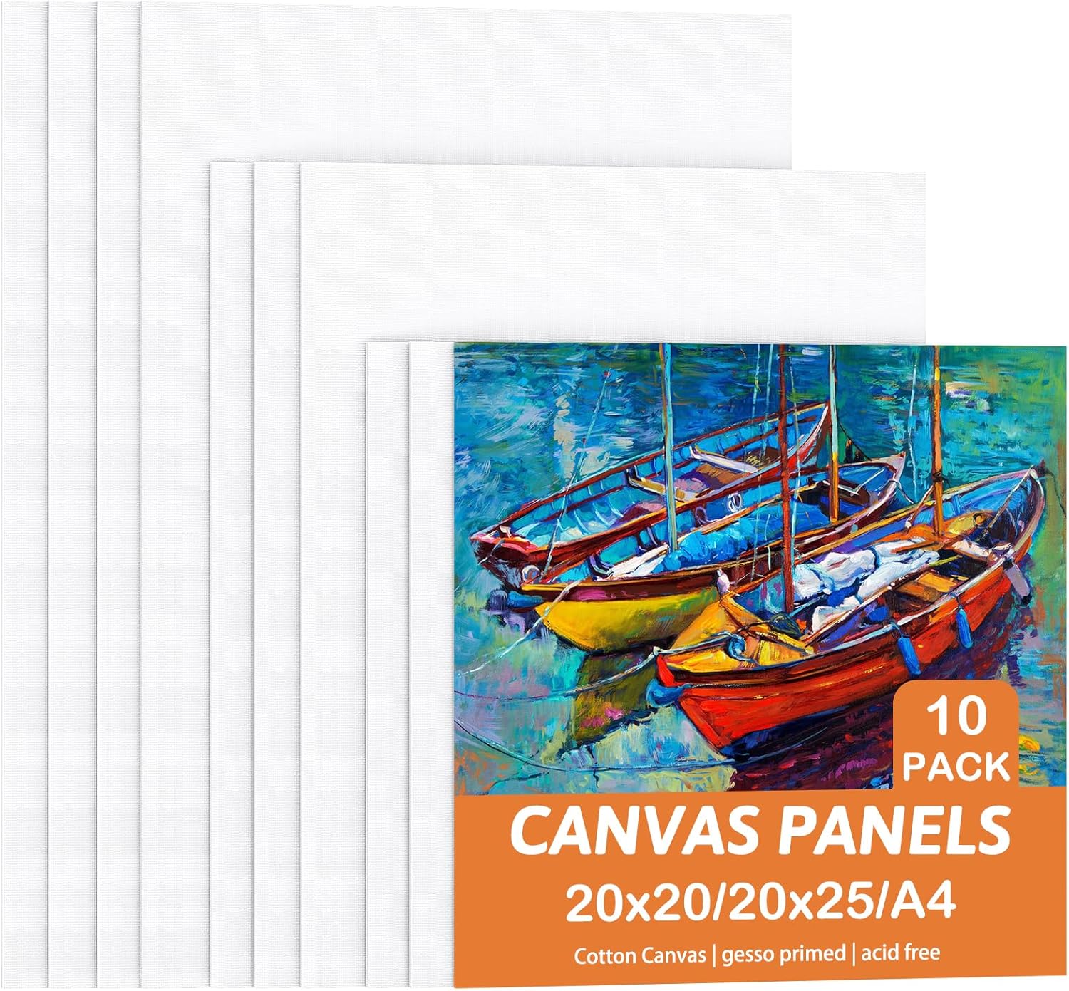 Koncci Canvas for Painting, Set of 10 Canvas Panels - 20x20cm, 20x25cm, A4(21x29.7cm), Cotton Acid-Free Blank Painting Canvases for Art, Acrylic, Oil, Watercolor Paint