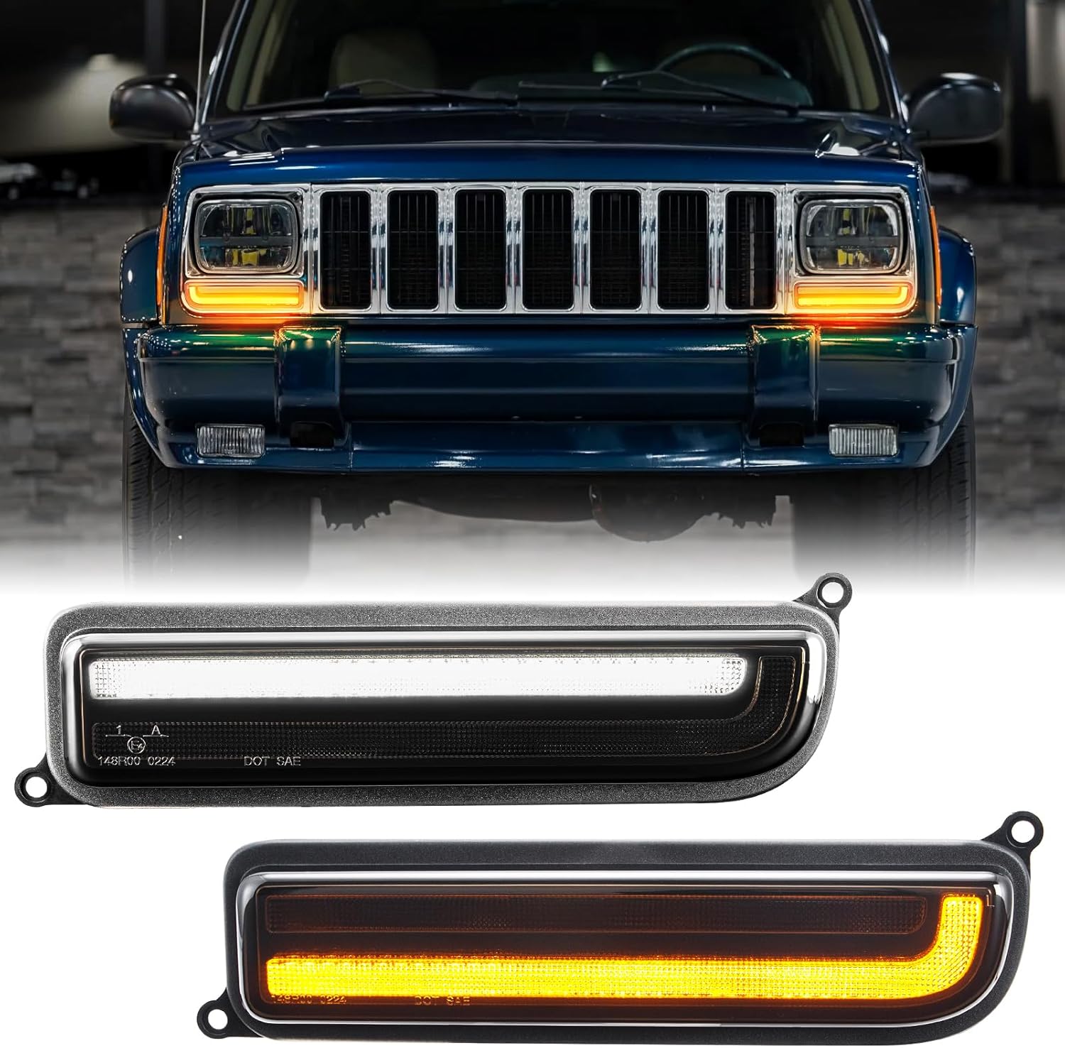 LED Front Corner Marker Lights Compatible with Cherokee XJ 1997-2001, Amber Dynamic Sequential Turn Signal Light, White Parking Light, Smoked Len