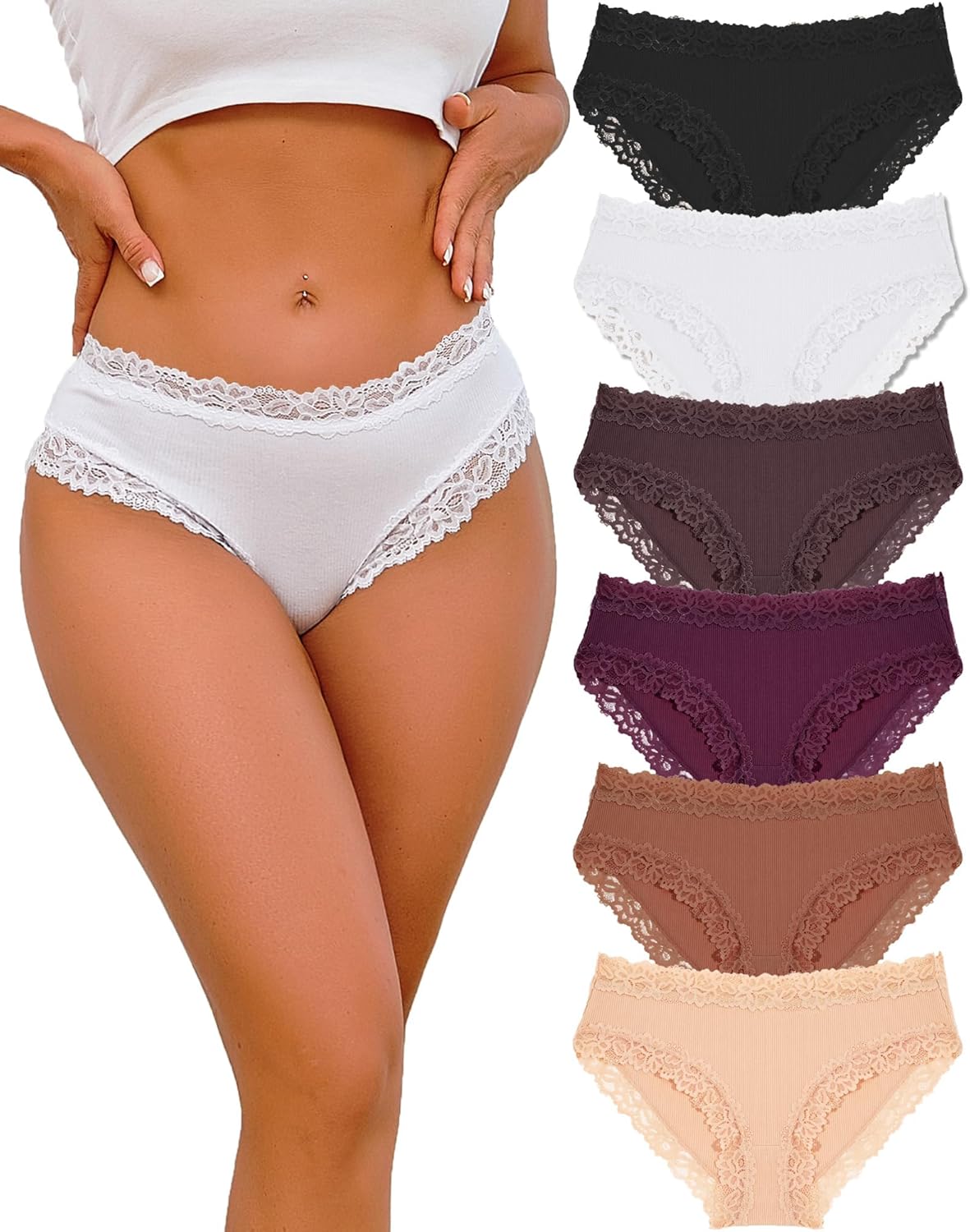 ALL OF ME 6 Pack Cotton Underwear Women Underpants Women Brazilian Slip Cotton Lace Slips Soft Hipster Sexy Panties Underpants Women Underwear Soft Underpants Multipack S-XL