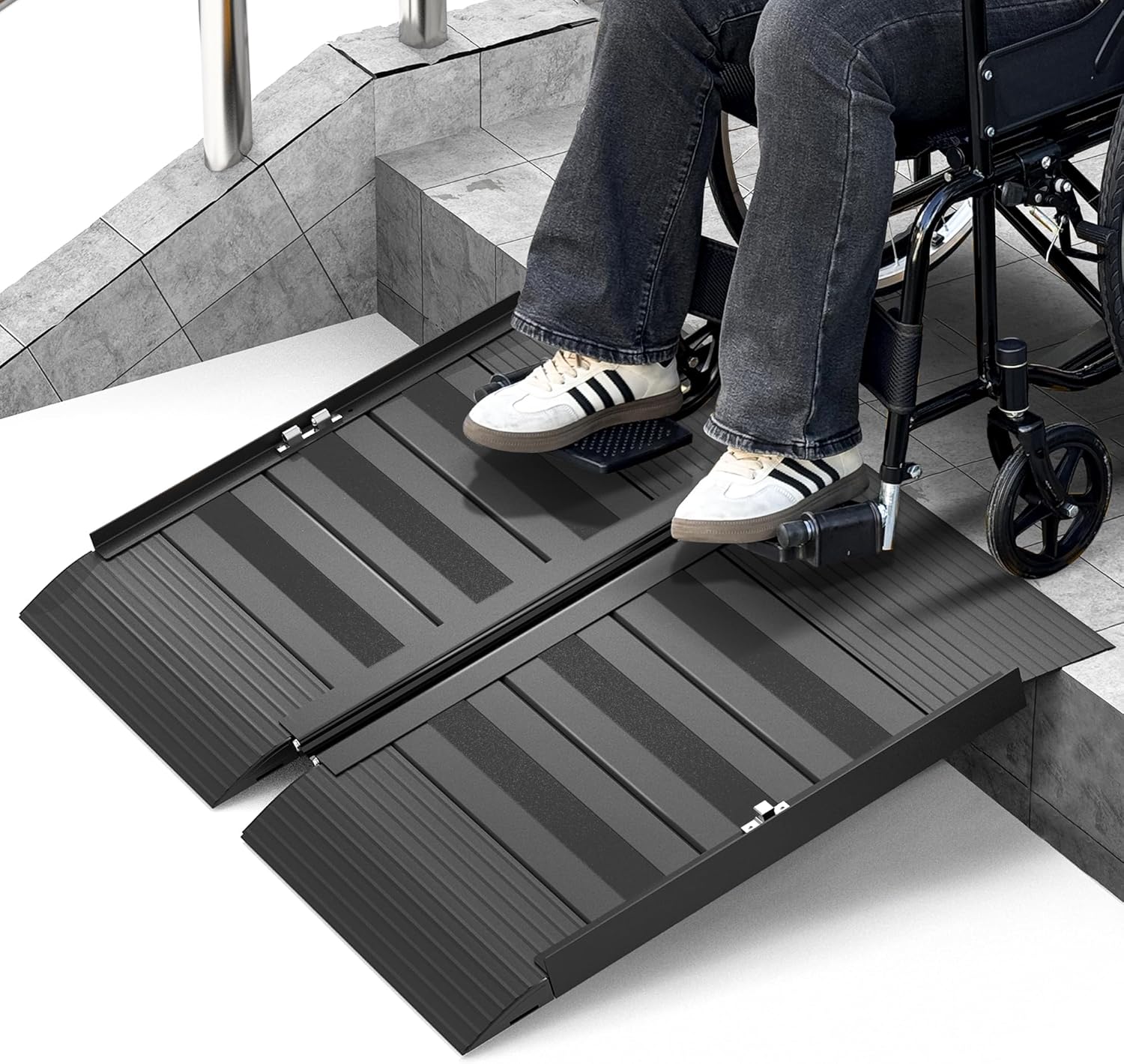2FT Portable Wheelchair Ramp with Handle, Non-Slip Aluminum Folding Handicap Wheelchair Ramp for Home, Doorways, Thresholds, Steps, Curbs, Stairs, 800 LBS Capacity
