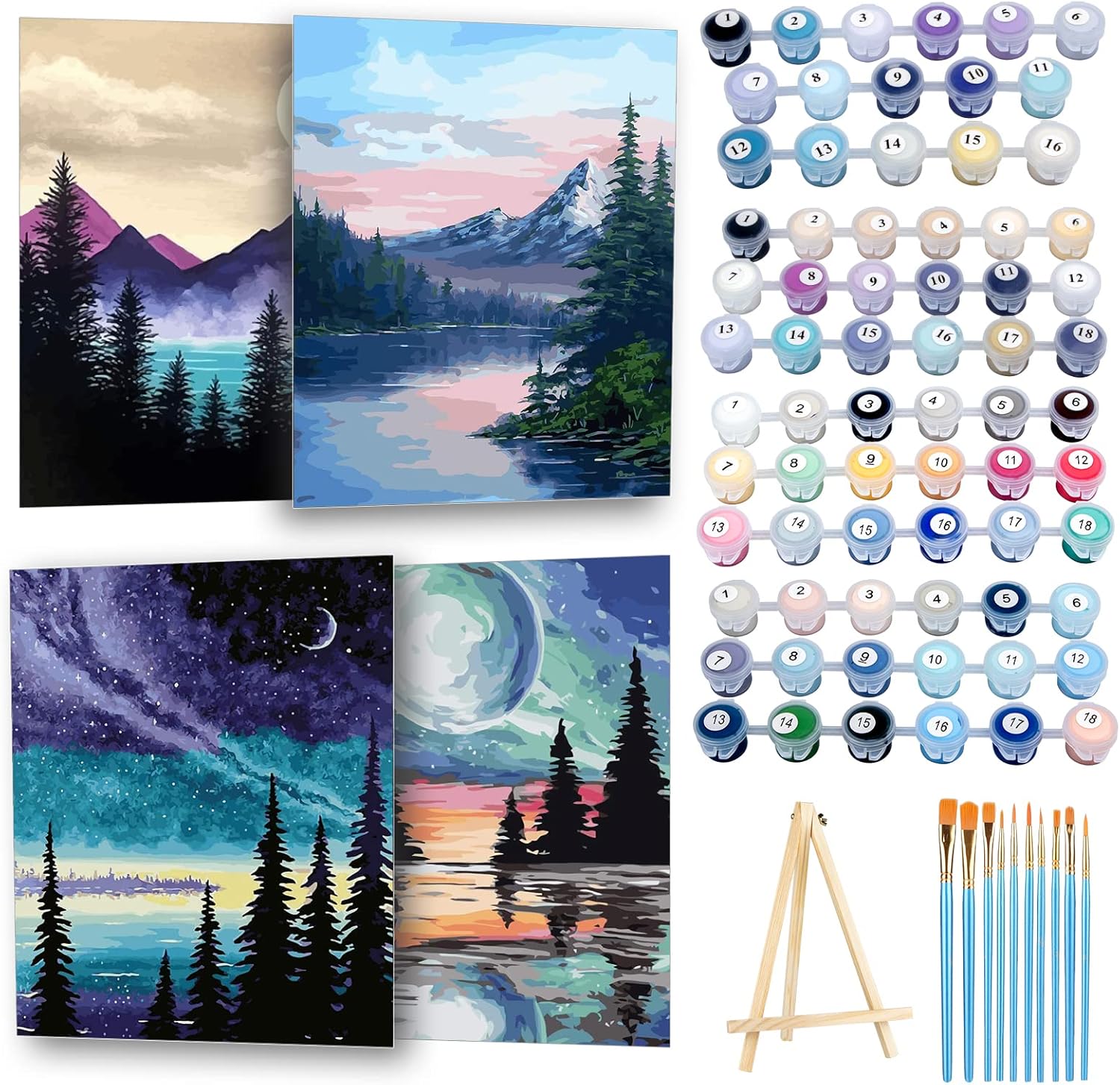 Ninonly 4 Pack Paint by Number for Adults Framed Canvas, DIY Arts and Crafts for Adults Beginner with Wooden Easel, Paint Brushes, Acrylic Paint Set for Home Wall Decor, 9 * 12 Inch