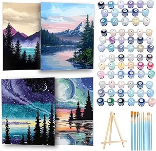 Ninonly 4 Pack Paint by Number for Adults Framed Canvas, DIY Arts and Crafts for Adults Beginner with Wooden Easel, Paint Brushes, Acrylic Paint Set for Home Wall Decor, 9 * 12 Inch