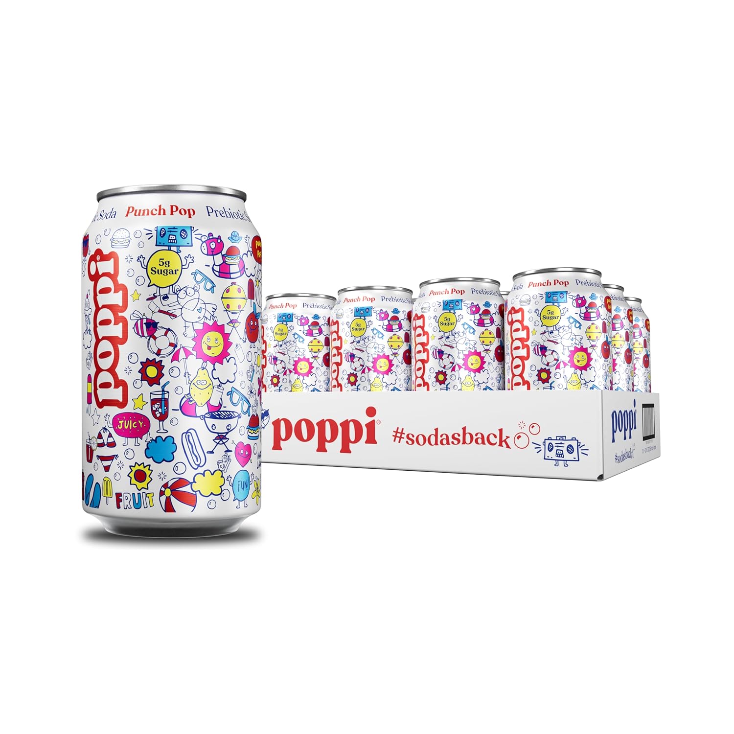 Poppi Sparkling Prebiotic Soda Beverage with Apple Cider Vinegar, Seltzer Water and Fruit Juice, Punch Pop, 12 Fl Oz, Pack of 12