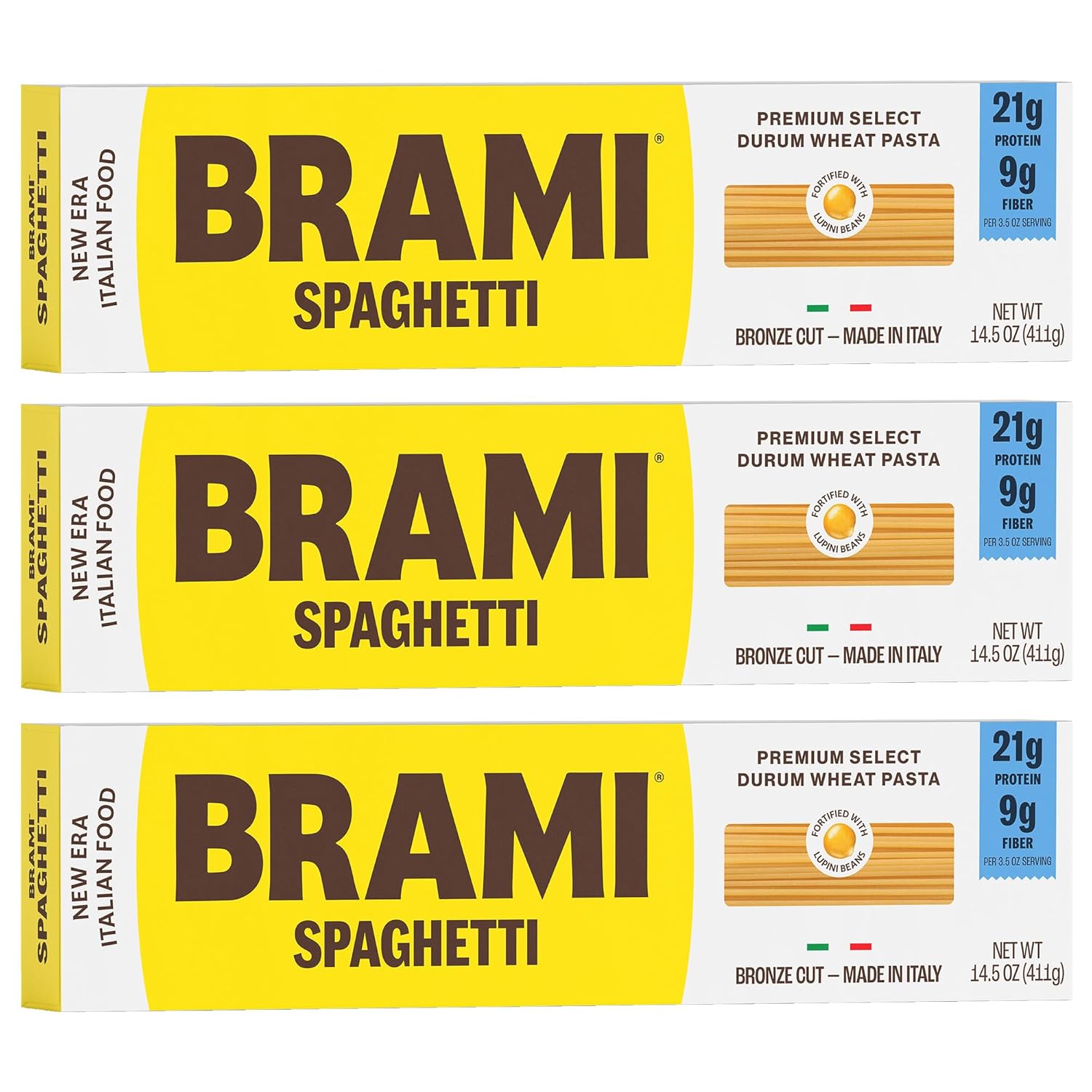 Brami Italian Protein Pasta, Spaghetti | Low Carb | High Fiber | High Protein | Non-GMO | Keto | Made in Italy | Dry Pasta | Semolina Pasta | Fortified with Heart Healthy Lupini Beans | 14.5oz (Pack of 3)