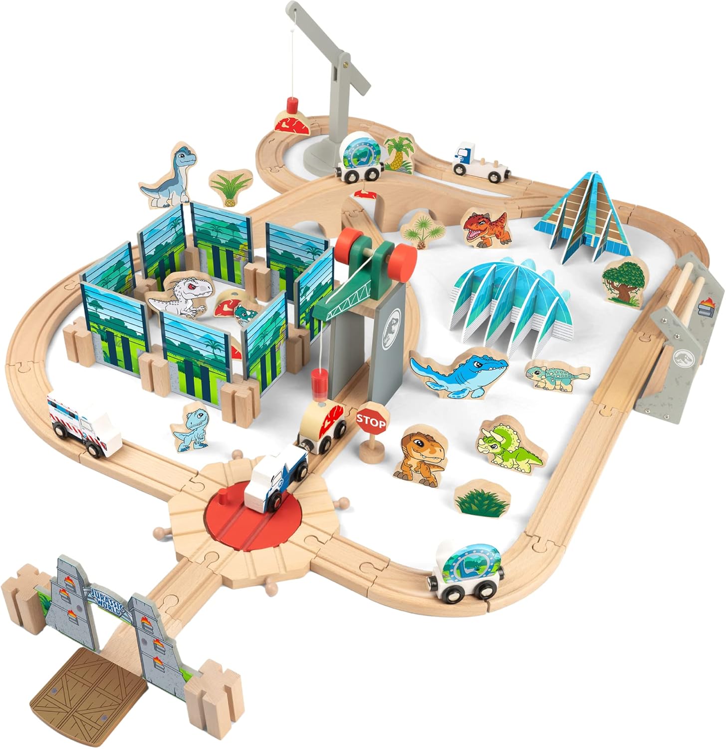 Jurassic World Toys – Wooden Track & Play Set -96 Piece Dinosaur Kit with 10 Dinosaurs, Magnetic Gates, Crane, Boat & Gyrosphere – Imaginative Play, FSC Certified, 3 Years and Up