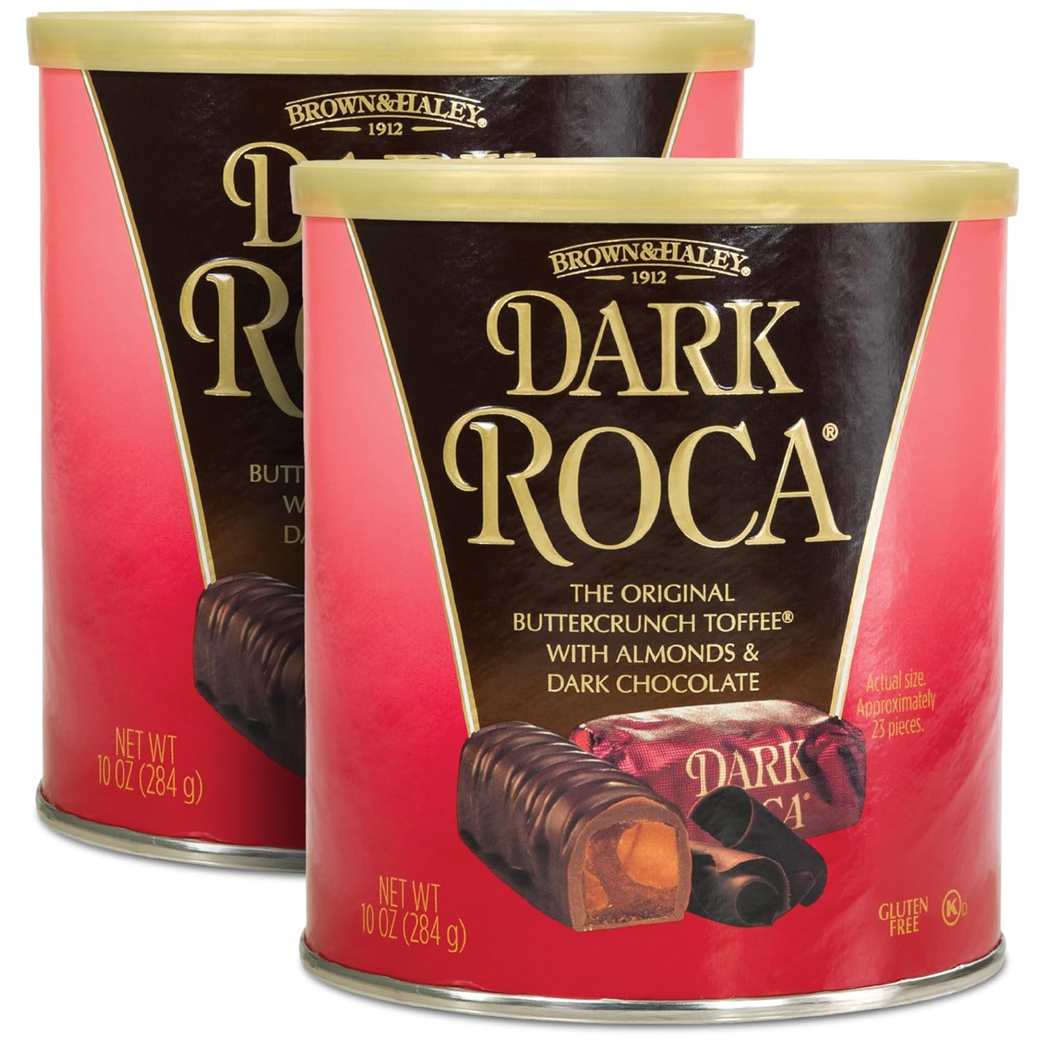 Brown & Haley Almond DARK ROCA Canister, Individually Wrapped Dark Chocolate Candy, Buttercrunch Toffee with Almonds Covered in Chocolate, 10 Ounces (Pack of 2)