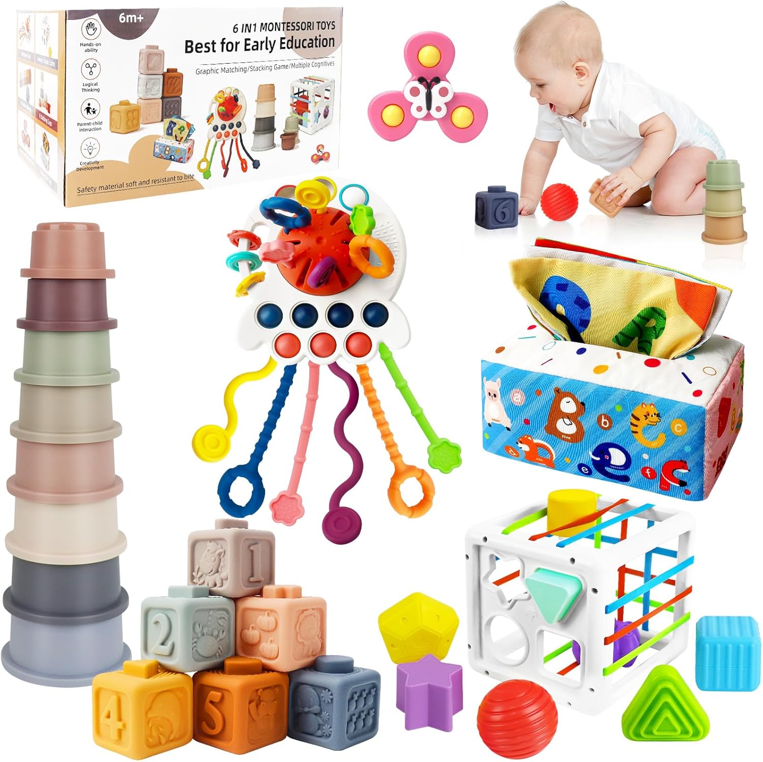 KETIEE Baby Toys 6 to 12 Months 6 in 1 Montessori Toys for Babies 6 Months Baby Sensory Toys Tissue Box Suction Spinners Shape Sorter Activity Cube Stacking Blocks Pull String Toy Babies 6-12 Months