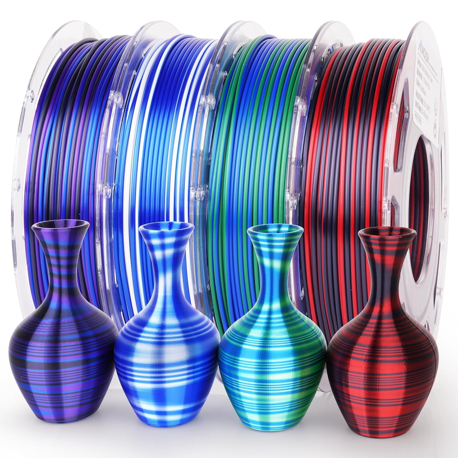 AMOLEN Silk PLA 3D Printer Filament Bundle, Multicolor Gradient Rainbow PLA 1.75mm Pack, Shiny Fast Color Change 3D Printing Filament for Most FDM 3D Printer, 200g X 4 Spools