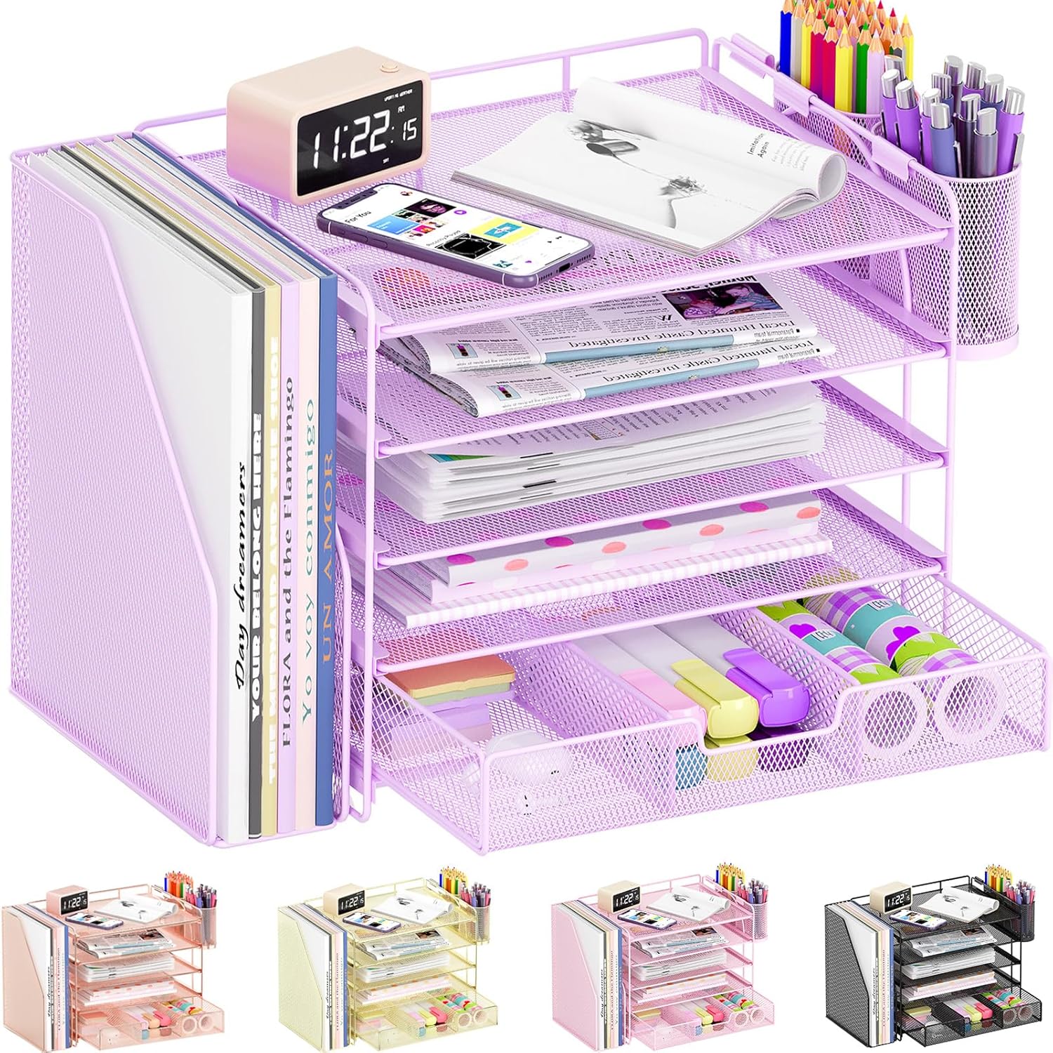 OPNICE Desk Organizers and Accessories, 5-Tier Paper File Organizer with Drawer & Pen Holder, Office Desk Accessories Workspace Desktop Organizer for Office Supplies((Purple)