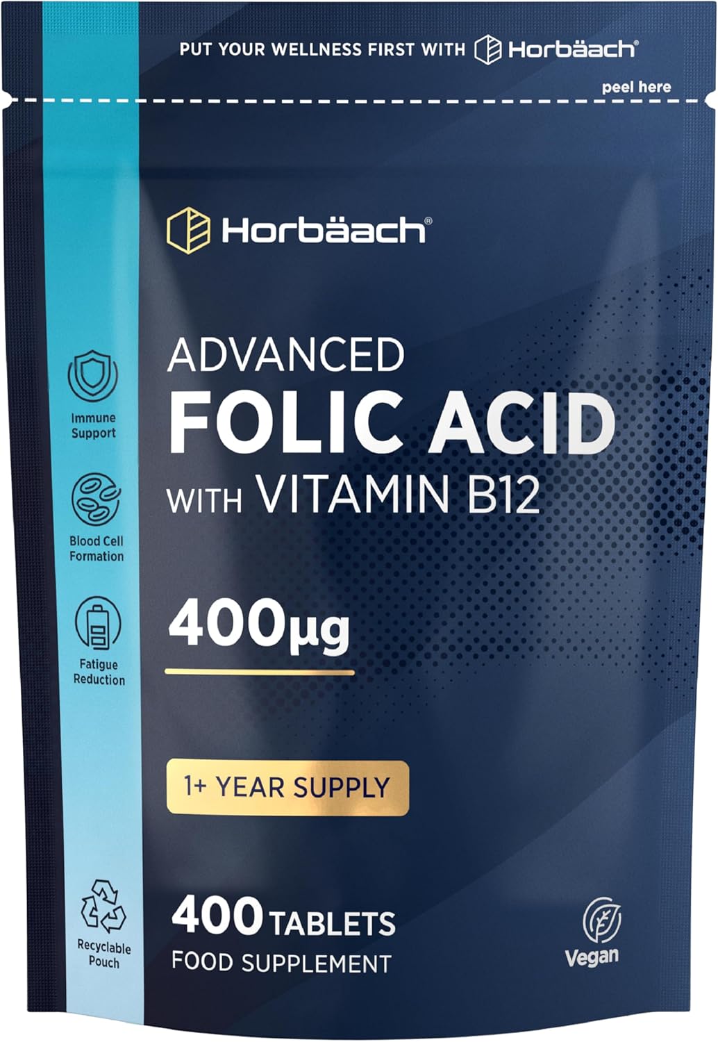 Folic Acid Tablets 400mcg | 400 Count (1+ Year Supply) | with Added 5mcg of Vitamin B12 Cyanocobalamin | Pregnancy Support | Suitable for Vegans | by Horbaach