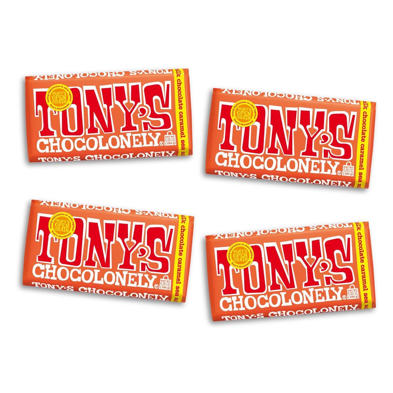 Tony’s Chocolonely Belgian Milk Chocolate Candy Bar With Caramel & Sea Salt, Chocolate Bars for Snacks, Party Favors, or Gifts, 32% Cacao, Made From Quality Fairtrade Cocoa, 4 Bars, 6.35 Oz Each