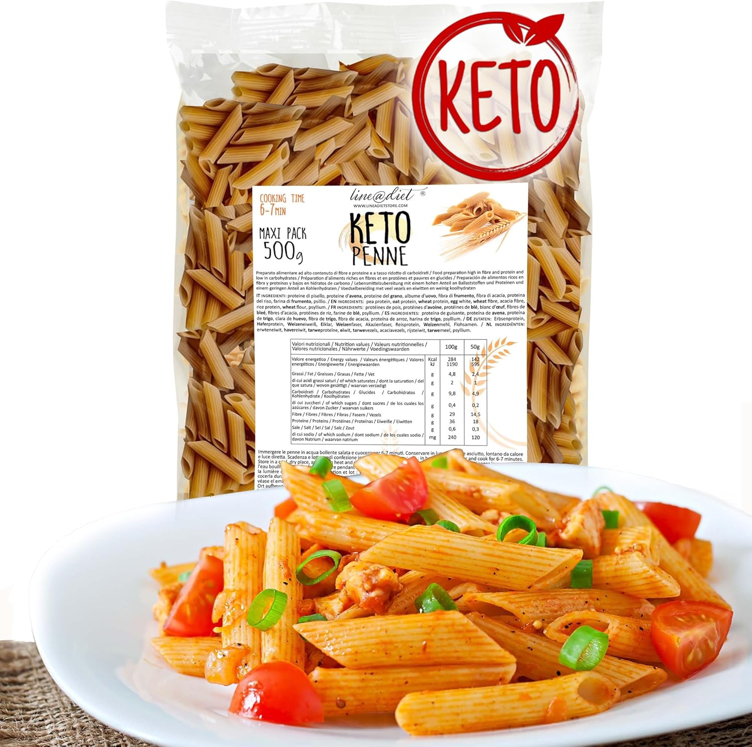 Penne Keto Line@diet - Protein pasta low in carbs and sugars, ideal for a keto diet - 500g pack - 18g protein, less than 5g carbs and 0.2g sugars per serving - made in Italy