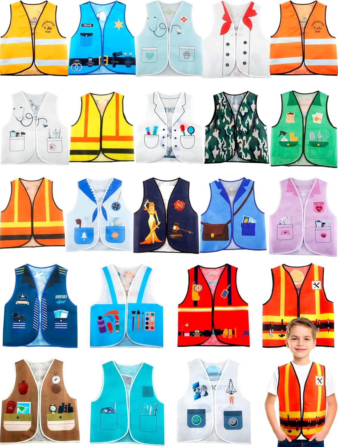 22 Pcs Kids Community Helper Dress Up Vest Bulk Career Cosplay Clothes Occupation Costume for Boys Girls Role Pretend Play