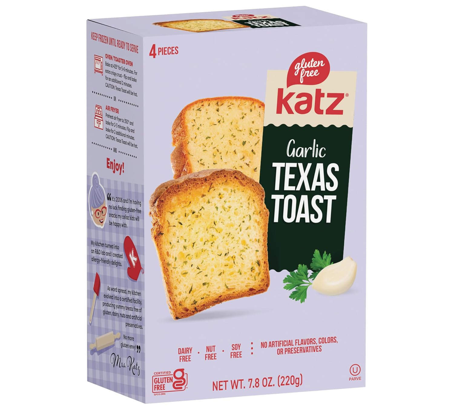 Katz Gluten Free Texas Toast, Fluffy Garlic Bread. Free of Dairy, Tree Nut, Peanut, and Soy. Kosher. 7.8oz (1pk)