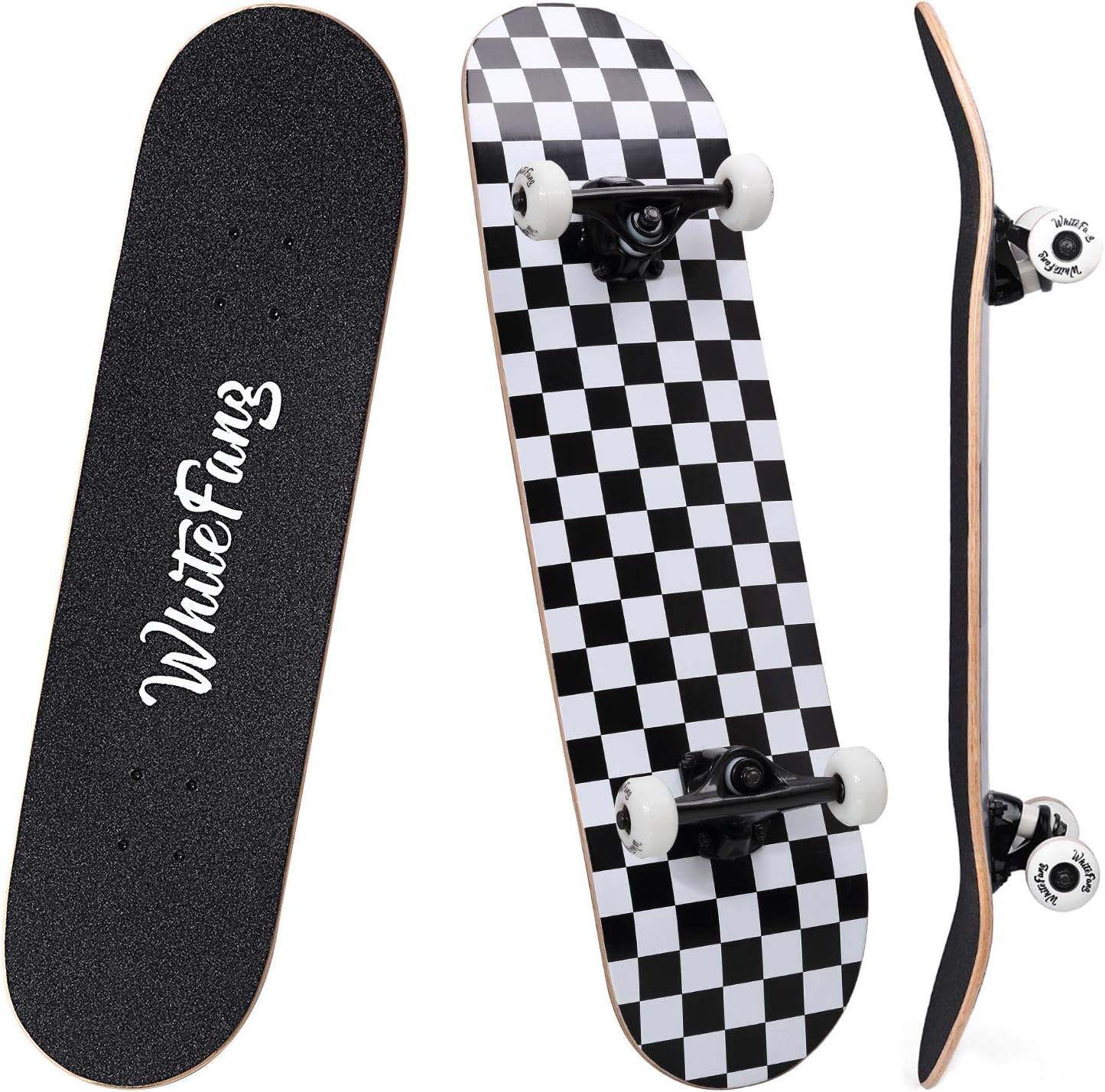 WhiteFang Skateboards for Beginners, Complete Skateboard 31 x 7.88, 7 Layer Canadian Maple Double Kick Concave Standard and Tricks Skateboards for Kids and Beginners