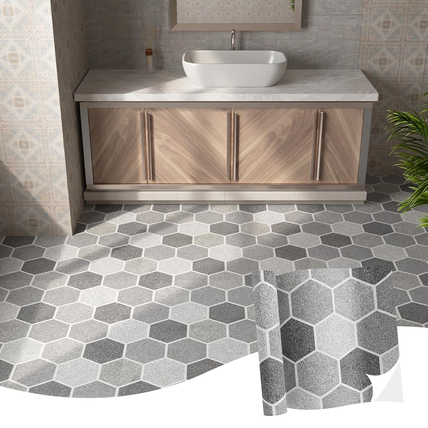 Oxdigi Vinyl Flooring Roll 64 sq.ft | 24" W x 396" L, Hexagonal Marble Peel and Stick Floor Tiles Waterproof for Bathroom, Kitchen, RV, Easy to Install Heavy-Duty Vinyl Floor Covering, Grayscale Tile