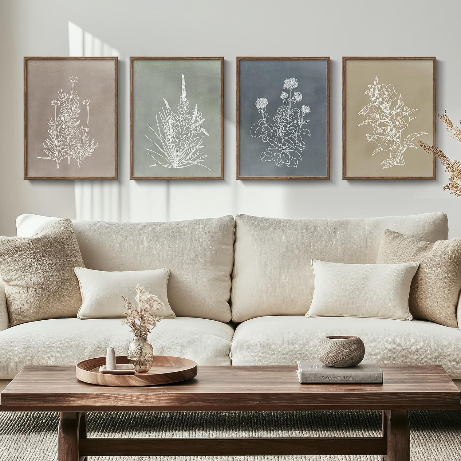 Boho Framed Botanical Wall Art for Living Room, Set of 4 Rustic Flower Canvas Paintings ArtWork for Walls, Vintage Minimalist Floral Neutral Prints for Hallway Bedroom Dining Room Bathroom Wall Decor