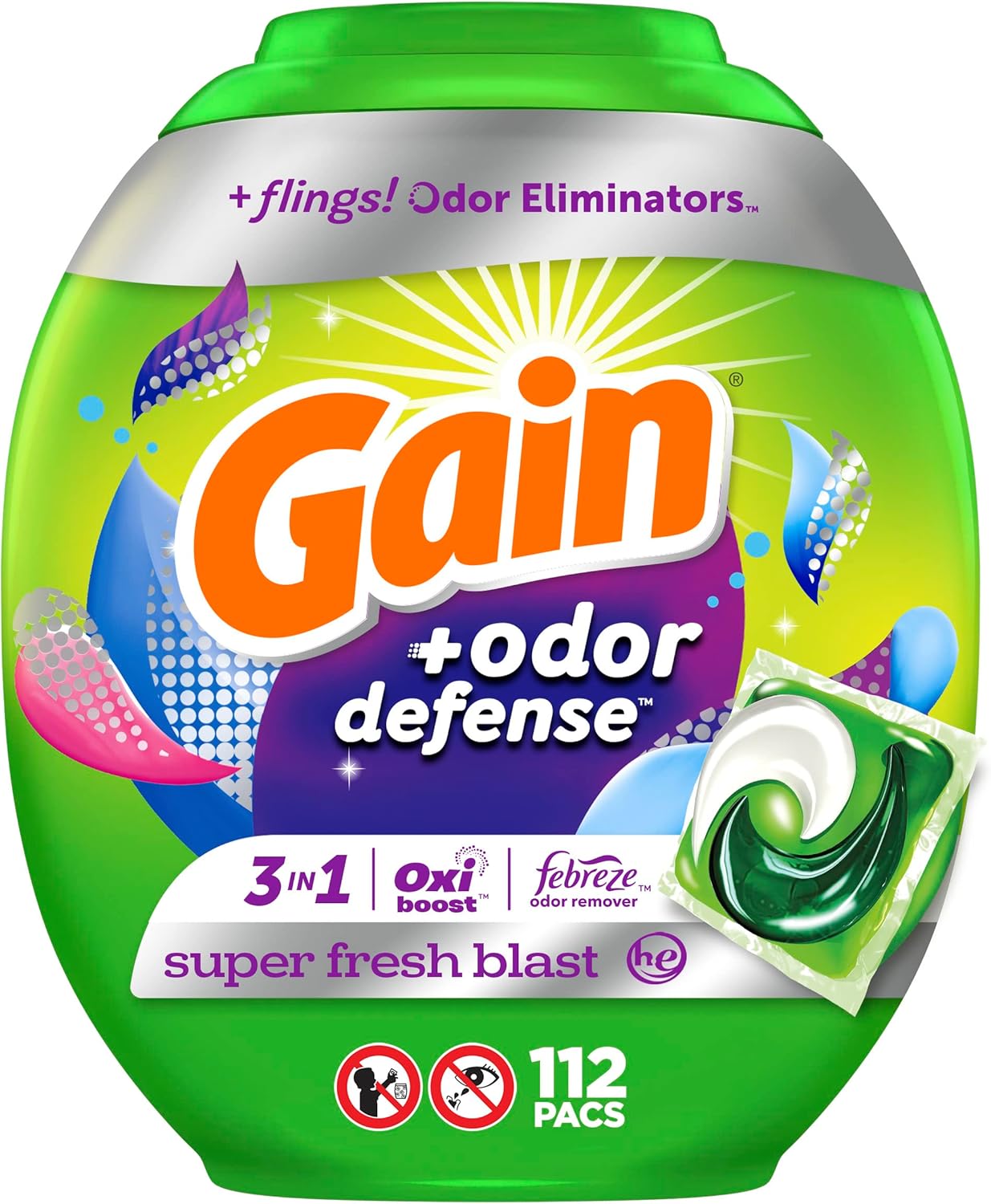 Gain Flings Laundry Detergent Soap Pacs with Odor Defense, Super Fresh Scent, 112 Count, 3 in 1 Laundry Pods with Febreze and Oxi