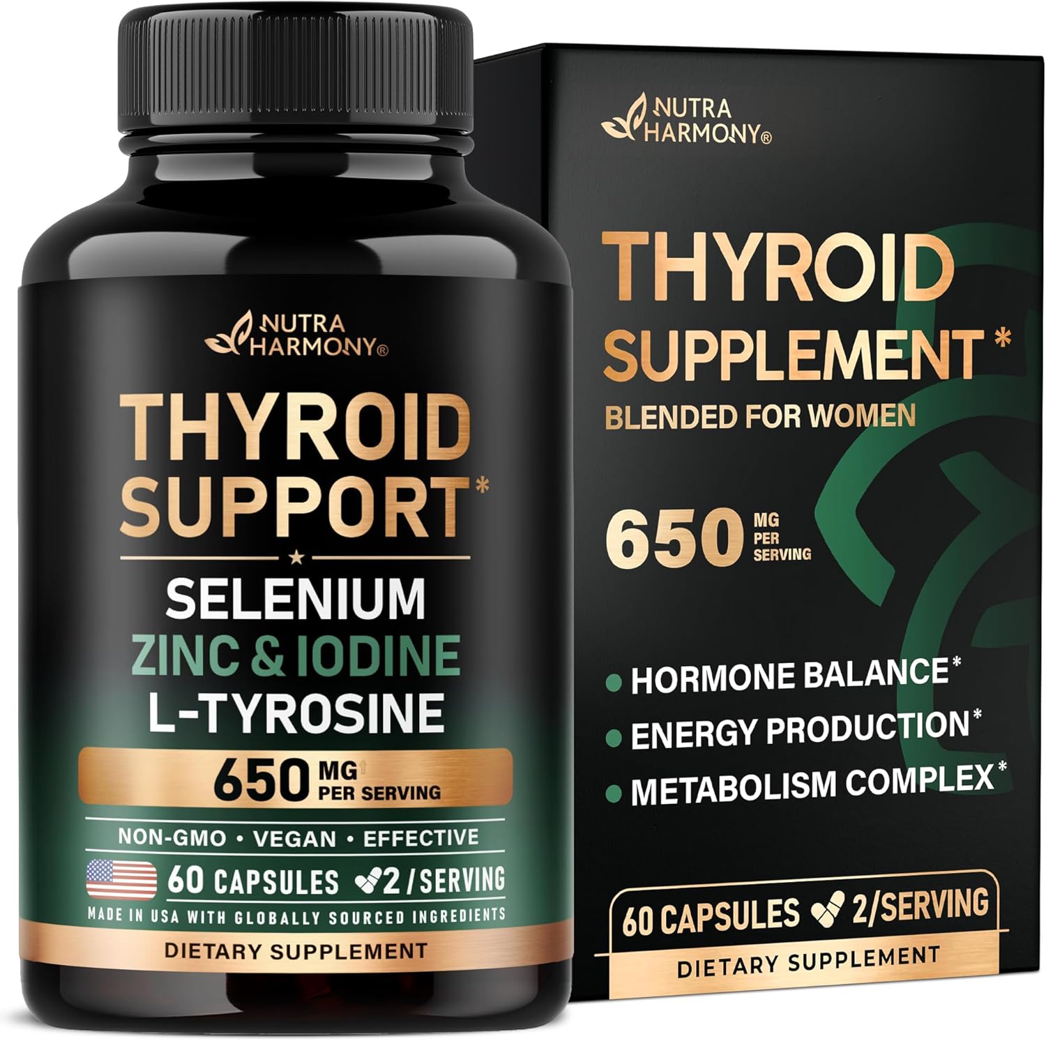 Thyroid Support for Women - Astragalus | Selenium 200 mcg | Zinc & Iodine | L-Tyrosine | Adaptogen Herbs - 21-in-1 Antioxidant & Immune Support - Vegan, Non-GMO, Lab Tested - 60 Capsules, Made in USA