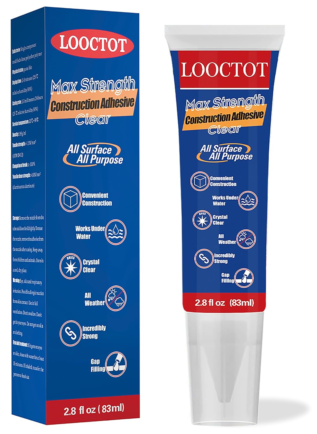 Max Strength Clear Construction Adhesive, 2.8 fl oz Integrated Squeeze Tube, Versatile Cement for Tile,Floor,Stone,Wood,Wall & More,Works Under Water
