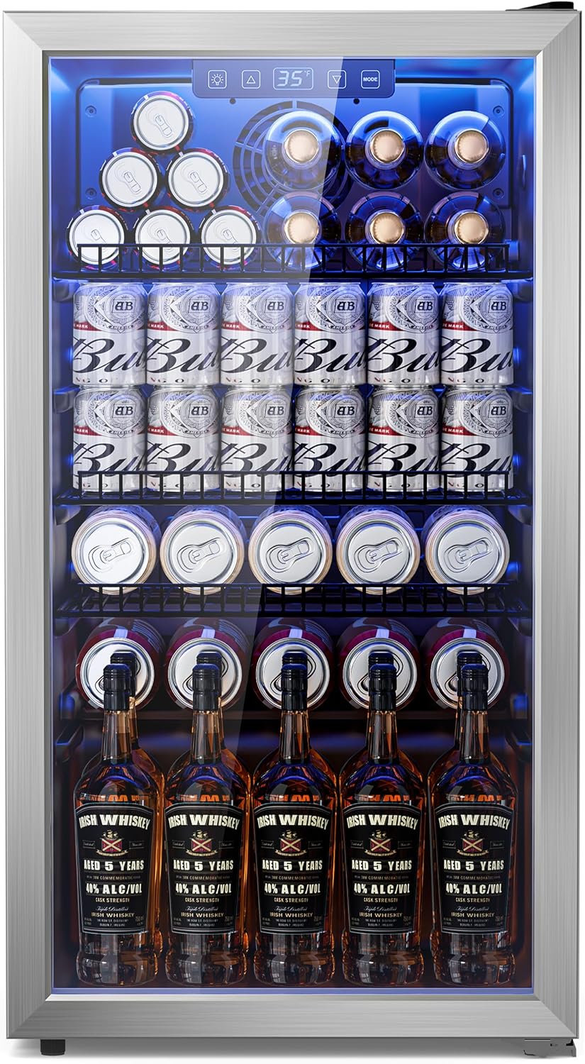 3.2 Cuft Beverage Fridge, 130 Can Mini Fridge With Glass Door, Silver