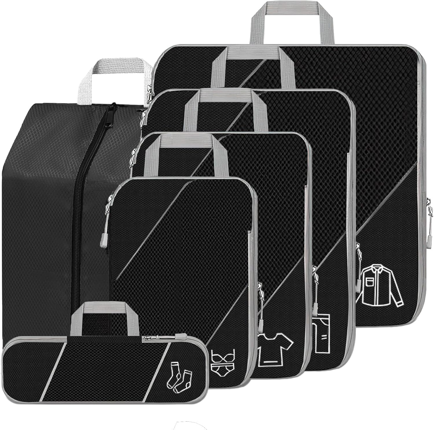 SINZUX Compression Packing Cubes, 6 PCS Black Packing Cubes for Luggage and Backpack, Travel Cubes Organiser Bags, Suitcase Organiser Bags Set Packing Cubes for Suitcases Backpack Luggage