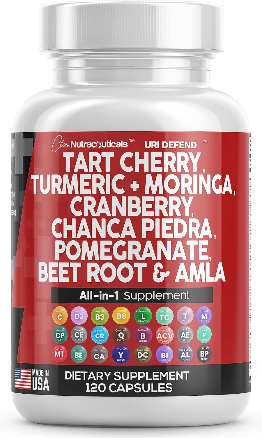 Clean Nutraceuticals Tart Cherry Extract Capsules 20,000mg with Turmeric 8000mg Moringa 4000mg Cranberry 2000mg Chanca Piedra Celery Quercetin ACV Pomegranate L Selenomethionine - Uric Levels - 120 Ct
