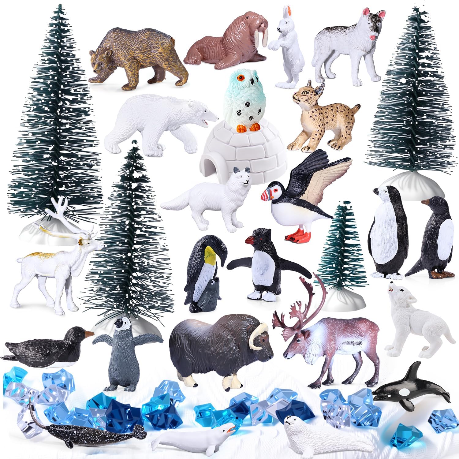 SIENON 60Pcs Arctic Animal Toy Set Includes 23Pcs Mini Polar Animals with Polar Bear, Penguin, Caribou, Puffin, Lynx, 1pc Igloo, 4Pcs Pine Trees, 32Pcs Fake Ice Rocks for School Project Cake Toppers