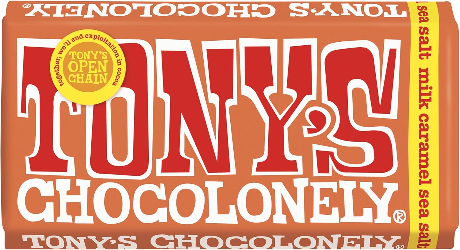 Tony's Chocolonely Milk Caramel Sea Salt Chocolate Bar - 180g Belgian Fairtrade Chocolate, Gift, 32% Cocoa, Vegetarian