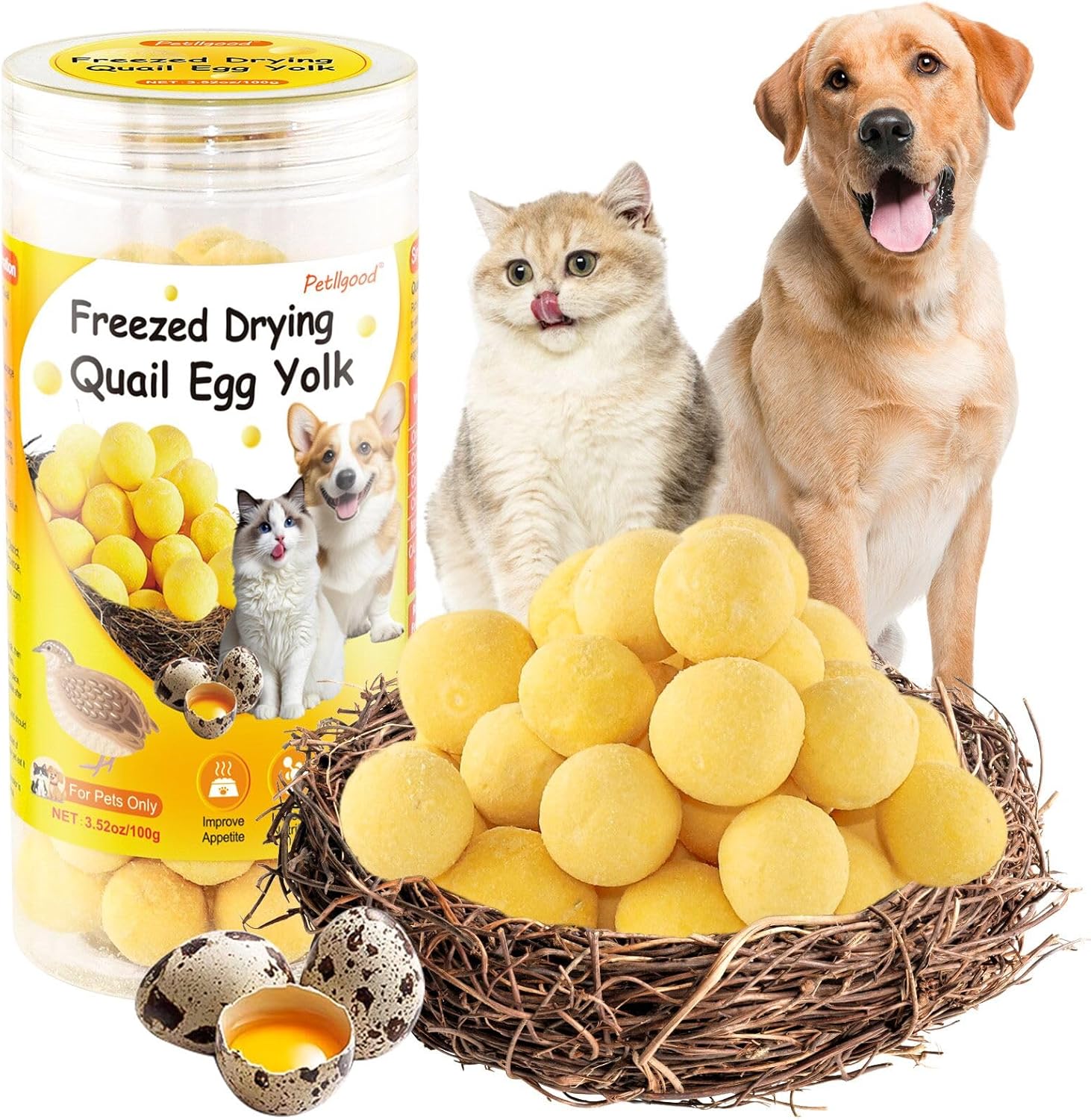 3.52oz/100g Freeze Dried Quail Egg Yolk, Cat and Dog Treats, Single Ingredient Pet Snacks, Healthy Tasty Dry Pet Food