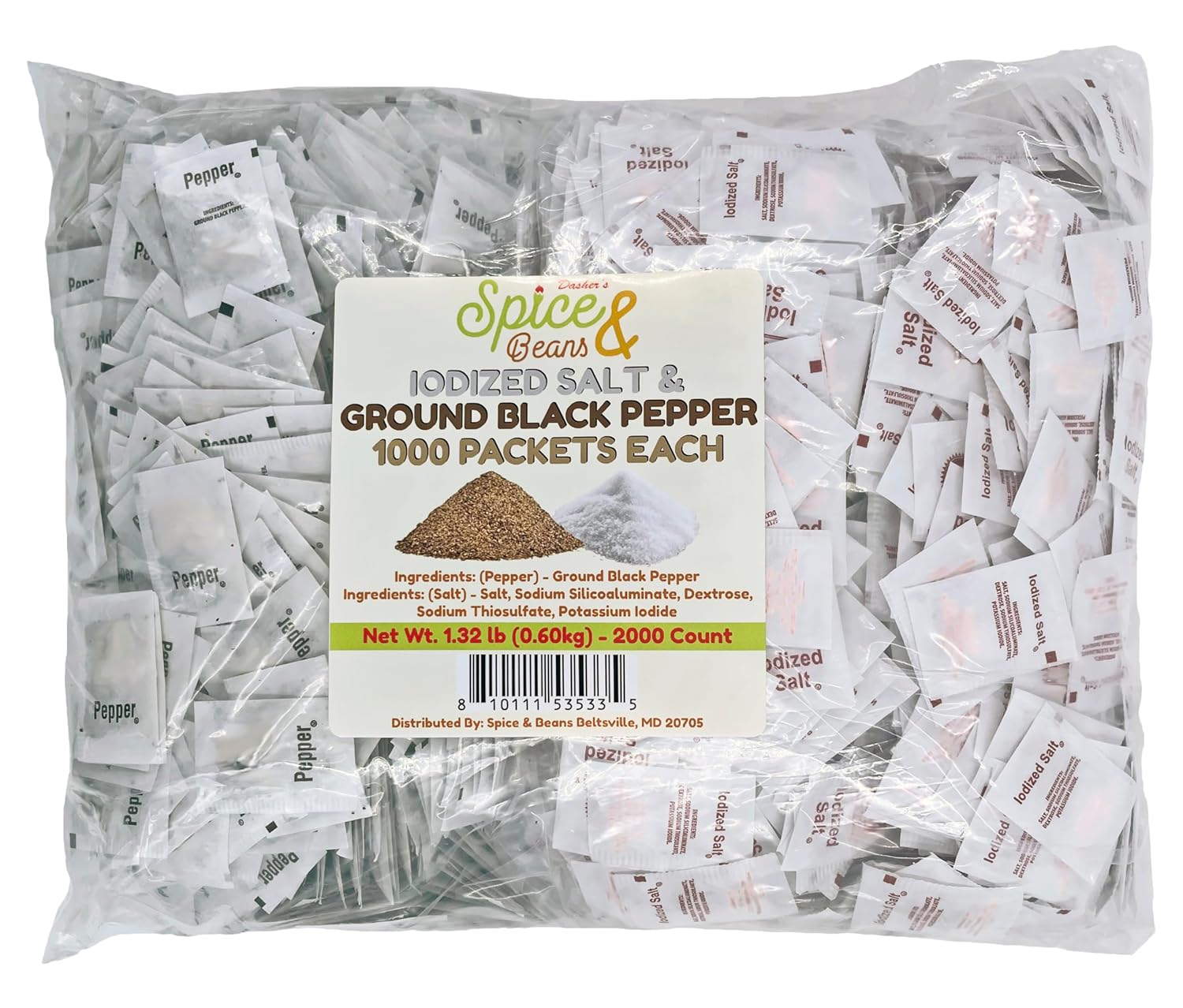Gourmet Ground Black Pepper and Iodized Salt | Single Serve Packets 1000 Each - 2000 Total