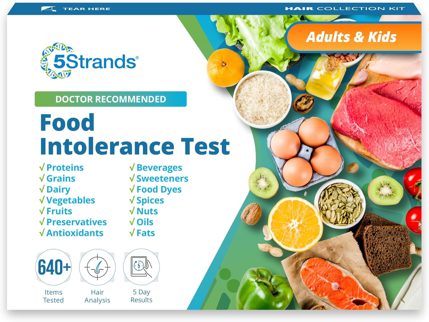 5Strands Food Intolerance Test, 640+ Items Tested, Food Sensitivity at Home Test Kit for Adults & Kids, Accurate Hair Analysis, Results in 5 Days