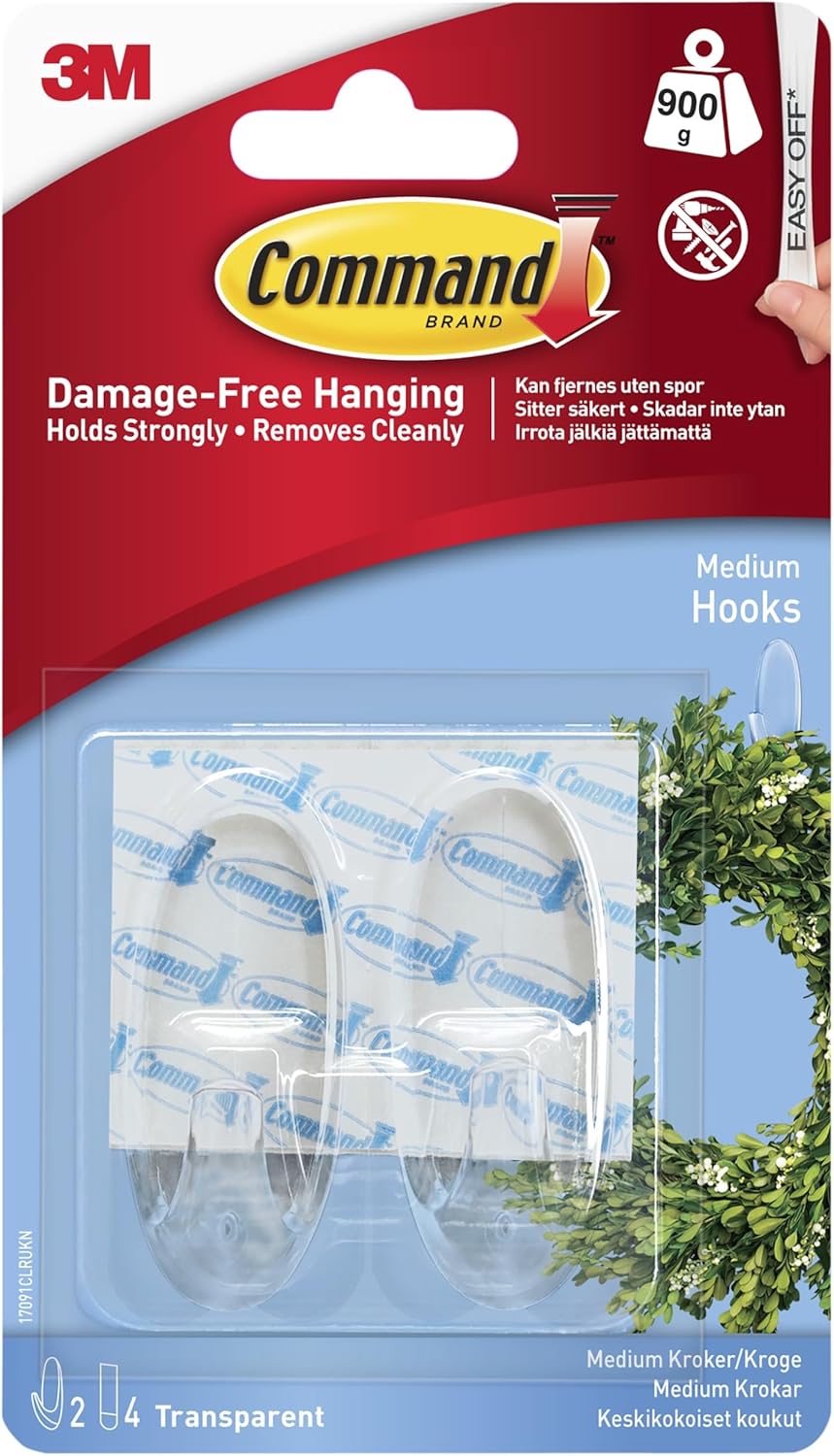 Command Medium Hook, Pack of 2 Hooks and 4 Adhesive Strips, Transparent - Damage Free Hanging - Holds up to 900g