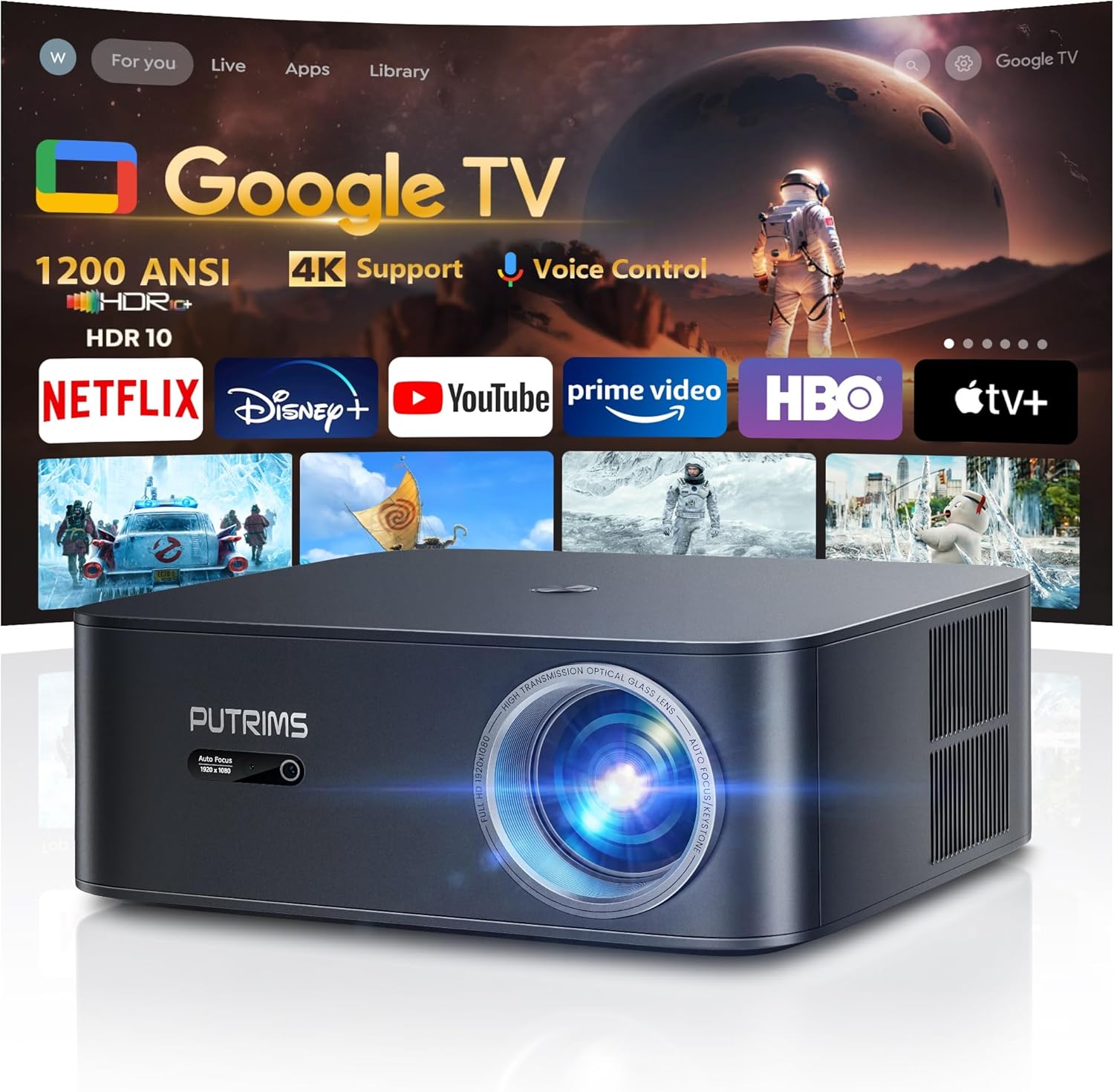 【Netflix Disney+ Officially/Google TV】Projector 4K Support, 35000Lumen Smart Auto Focus/Keystone FHD 1080P Projector Google Voice Control, 35W Speaker WiFi6 Bluetooth HDR Video Projectors for Bedroom