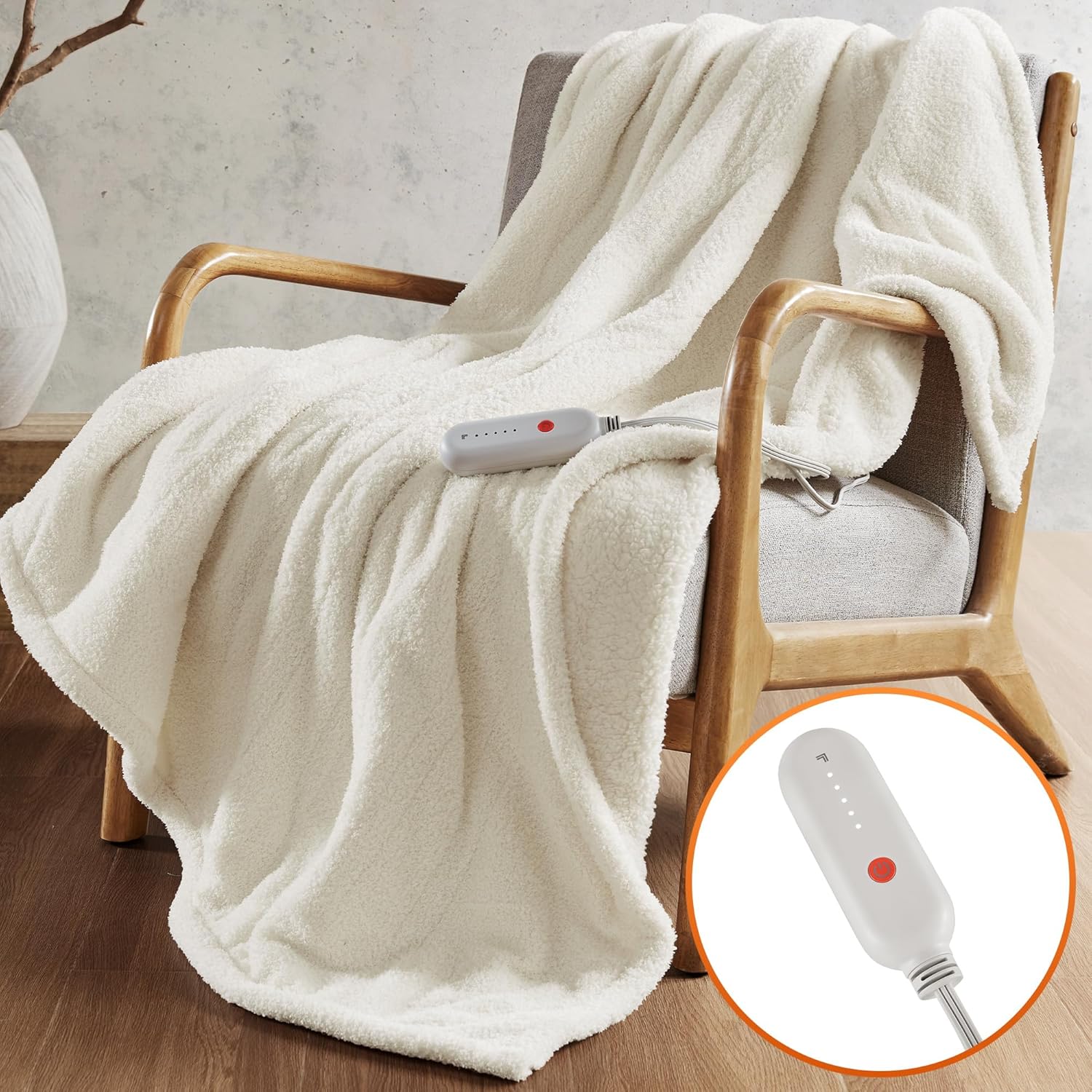 Sharper Image Heated Blanket, Eletric Throw Blanket, Soft, Warm, Reversible Feathersoft - Sherpa Heating Blanket Throw, 5 Lv Heating, 3 hr Auto Shut Off, ETL-Cert, Machine Washable, 50x60 Ivory