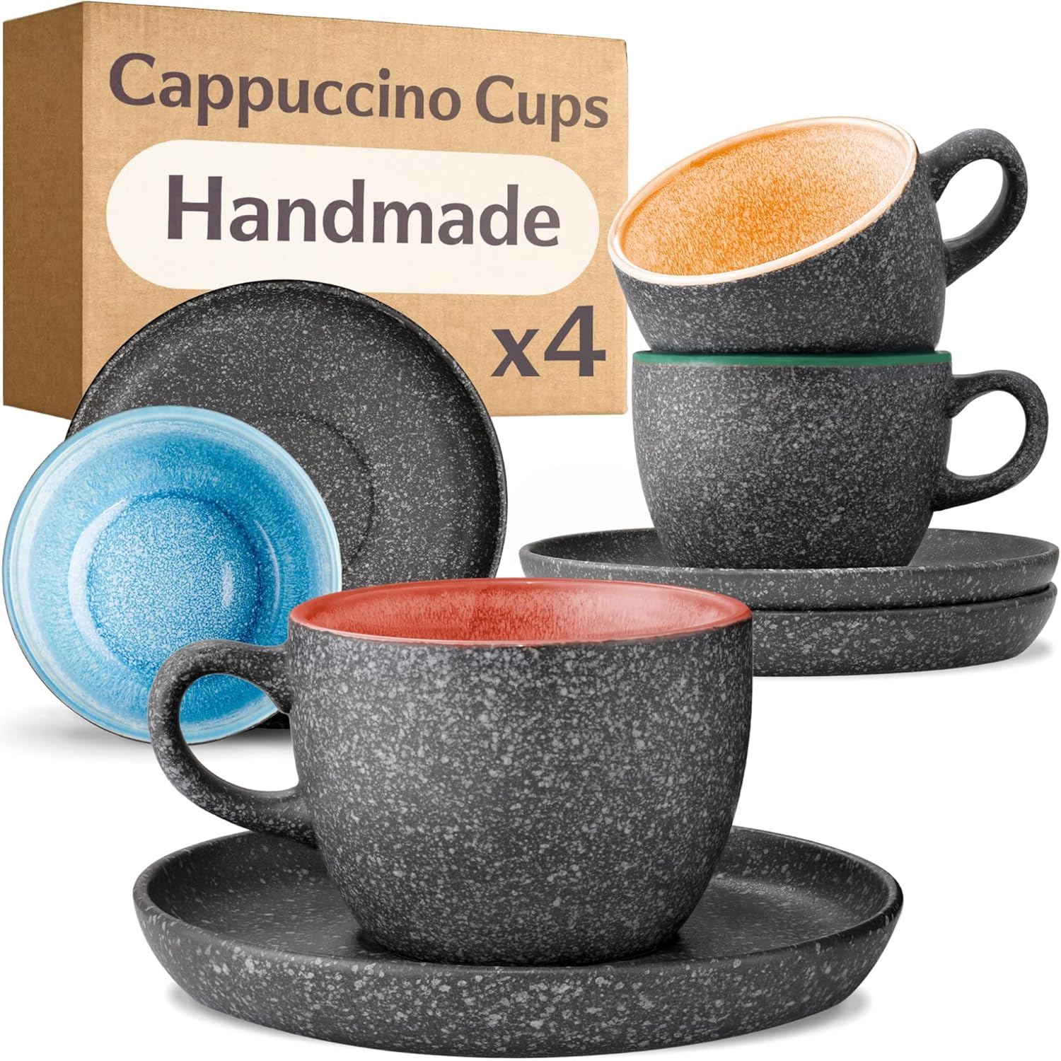 Cosumy Cappuccino Cups and Saucers Set of 4 – 200ml Ceramic Coffee Cups, 𝗘𝘅𝘁𝗿𝗮-𝗧𝗵𝗶𝗰𝗸 Stoneware - Handmade Reactive Glaze - Keeps Warm Longer (Colourful)