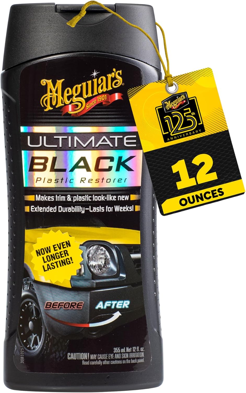 Meguiar's Ultimate Black Plastic Restorer, Durable Car Restorer for Faded Black Plastic, Vinyl, and Rubber, Restores Deep Color and Shine, for Car Guys, 12 Oz