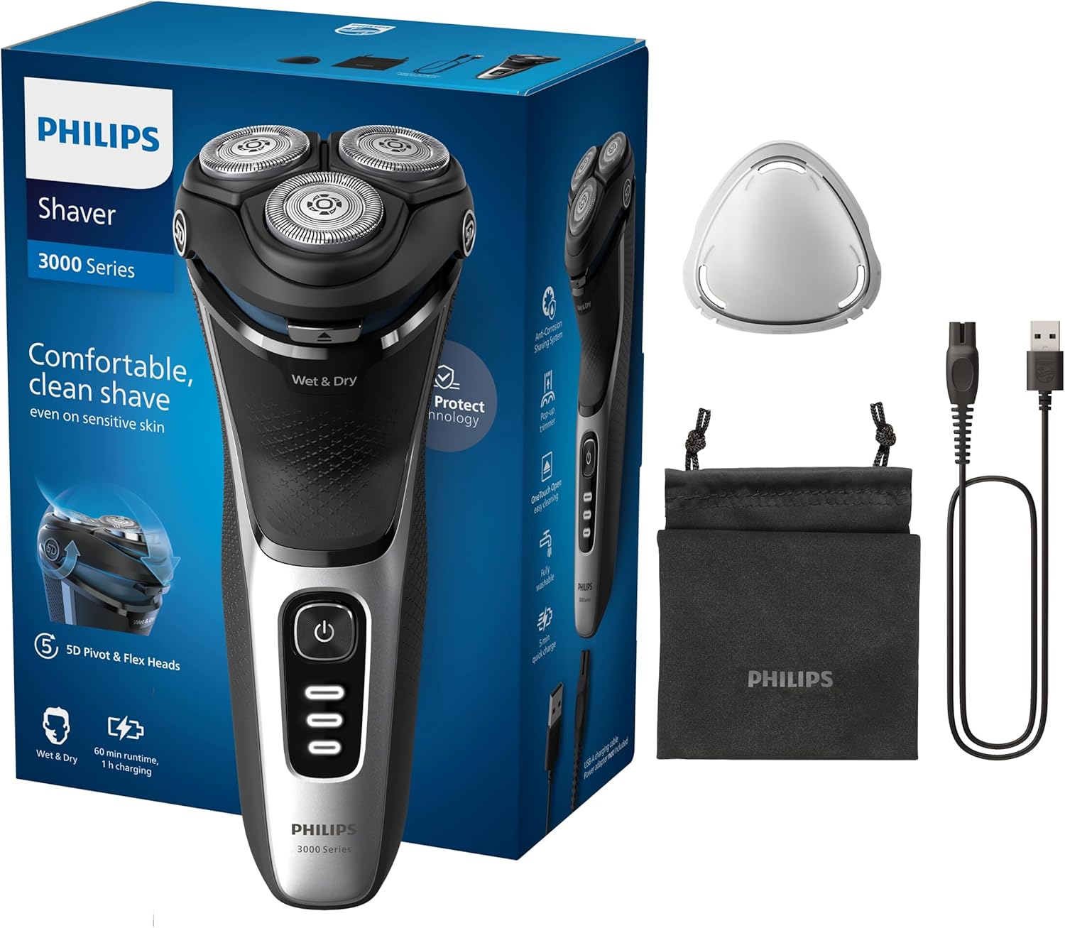 Philips Electric Shaver 3000 Series - Wet & Dry Electric Shaver for Men with SkinProtect Technology in Space Grey, Pop-up Beard Trimmer, Cordless Shaver with Travel Pouch (Model S3241/12)